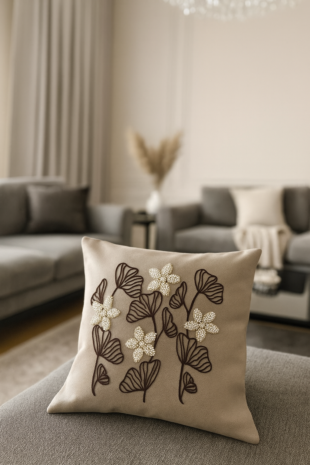 VEFORMKRLNTİNCİKalın İthal Kumaş İncili Nakış Detaylı 45x45 cm Dekoratif Yastık Kılıfı (2 Adet)
