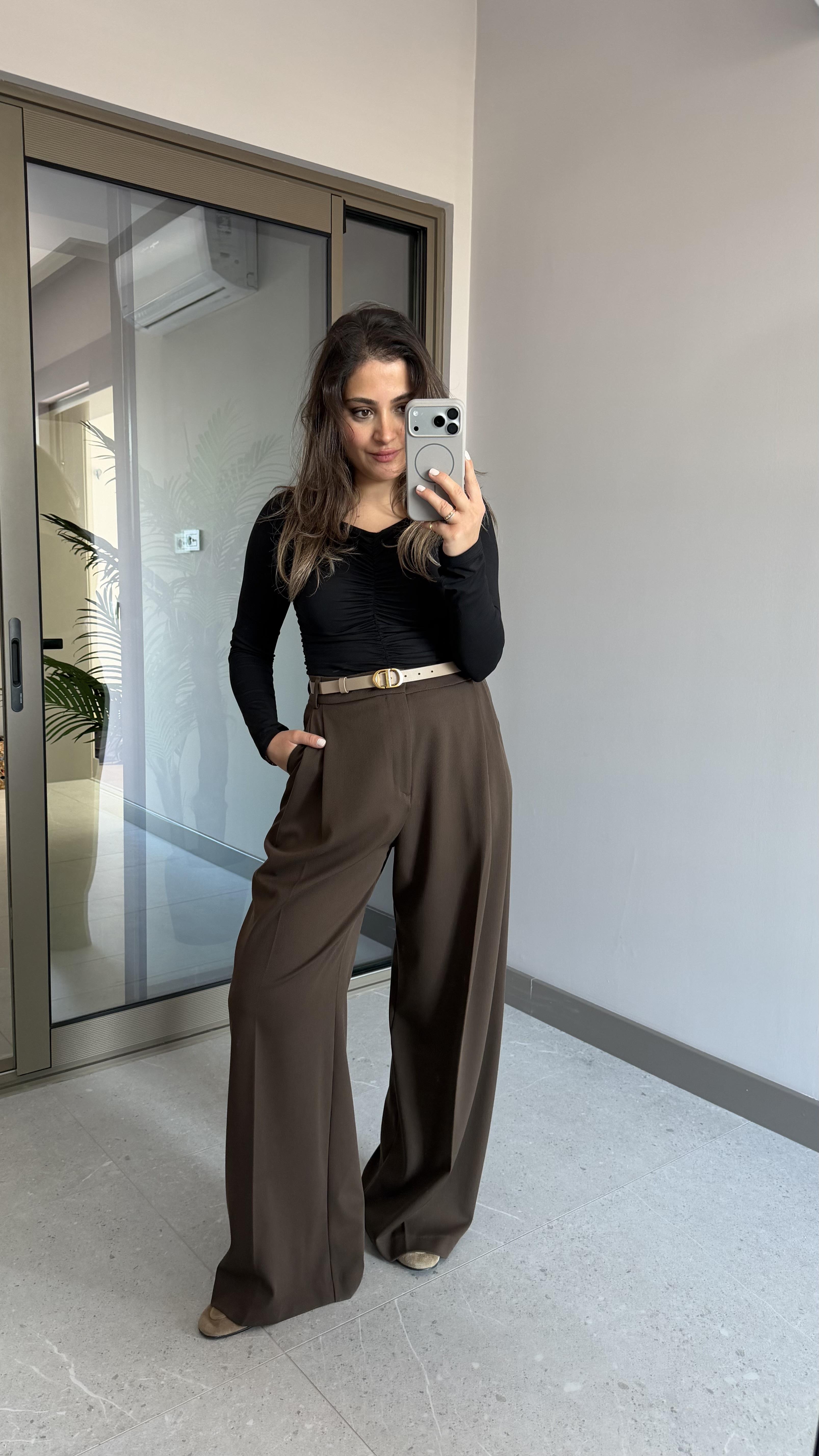 Çift Pileli Mocha Palazzo Pantolon