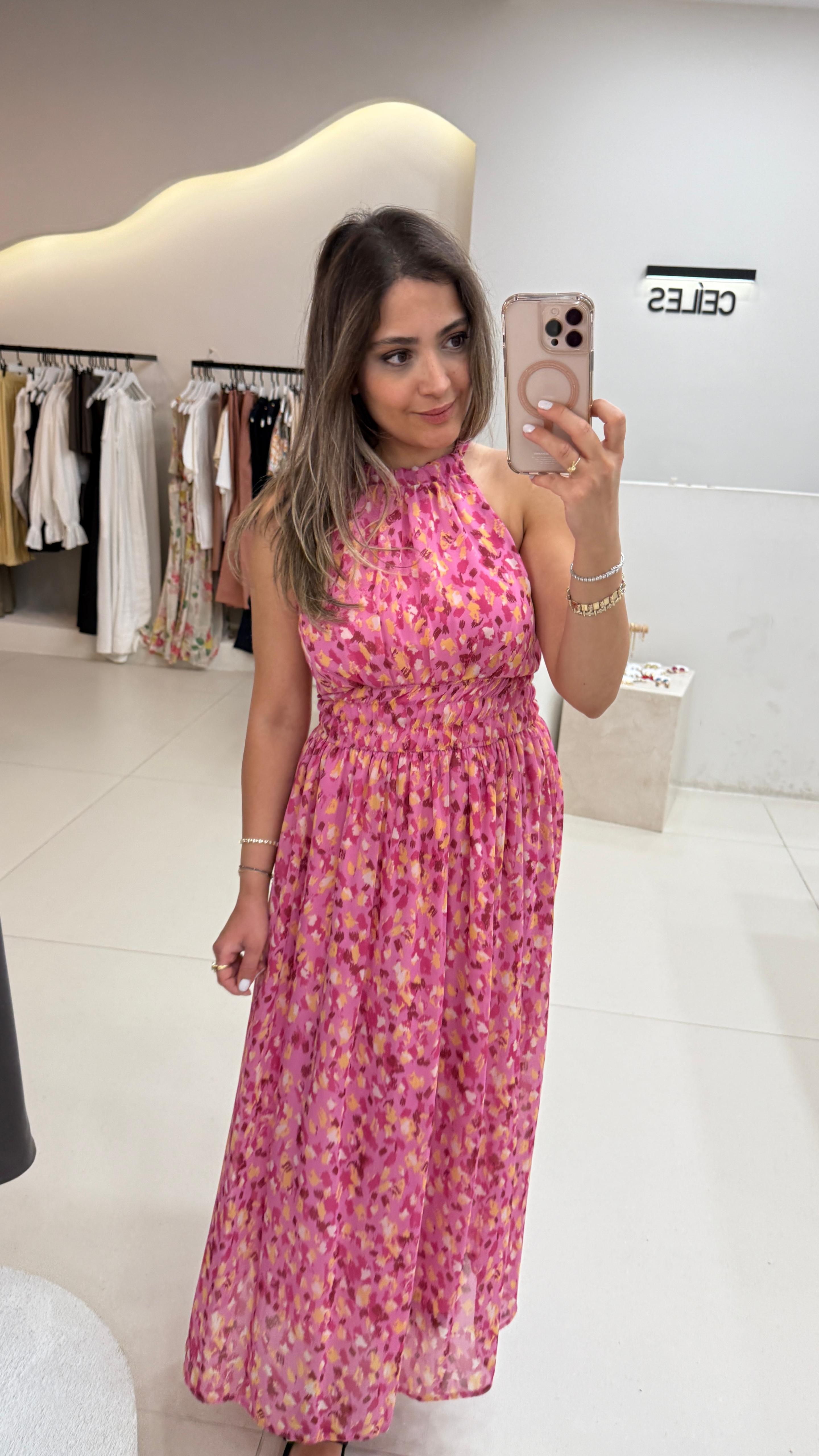 Halter Yaka Midiboy Pembe Şifon Elbise