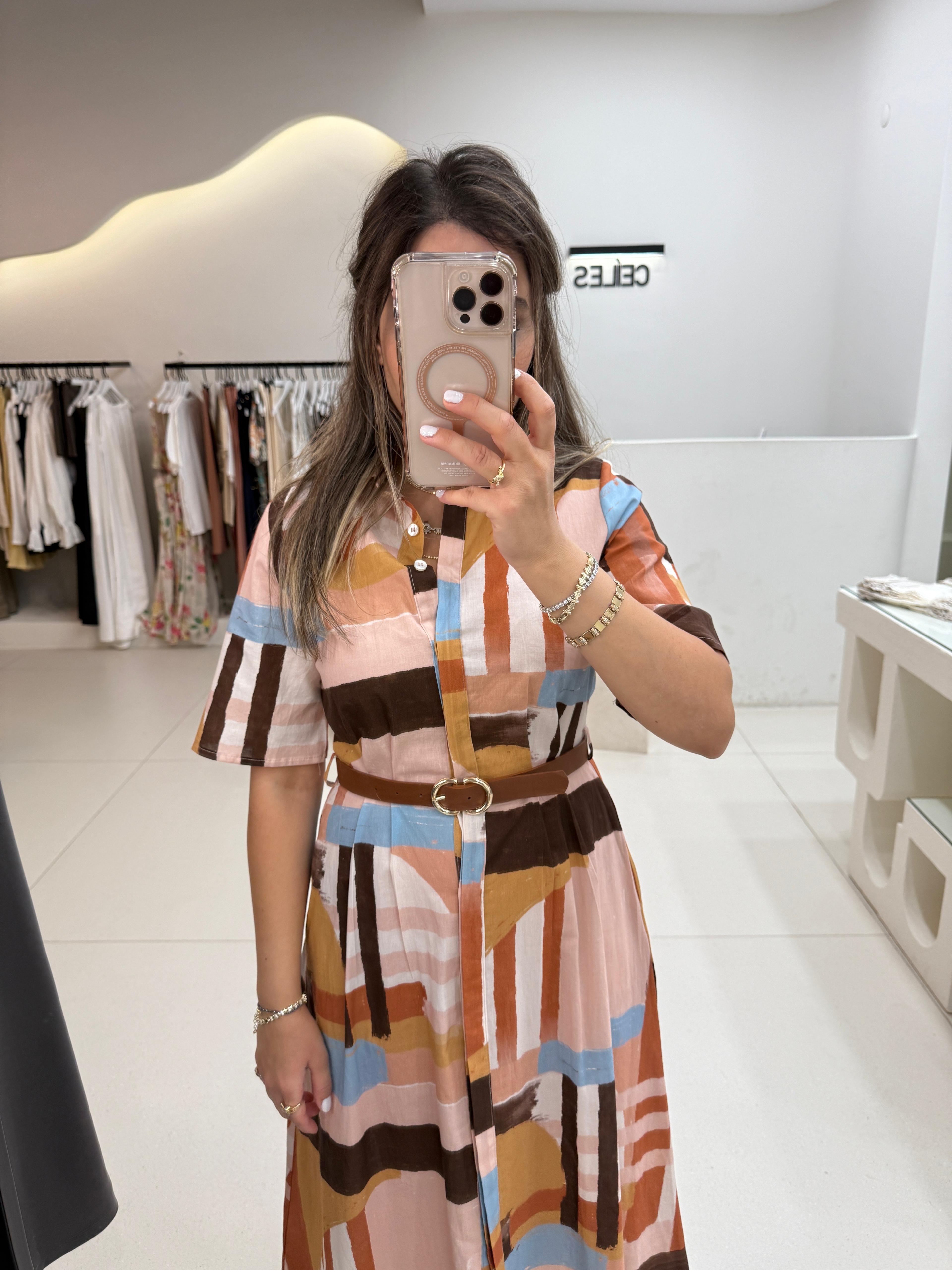 Kemer Detaylı Desenli Elbise