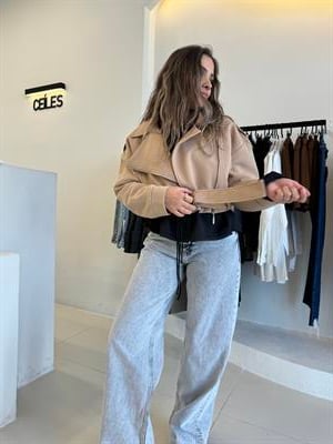 Taba Renk Çapraz Fermuarlı Crop Ceket