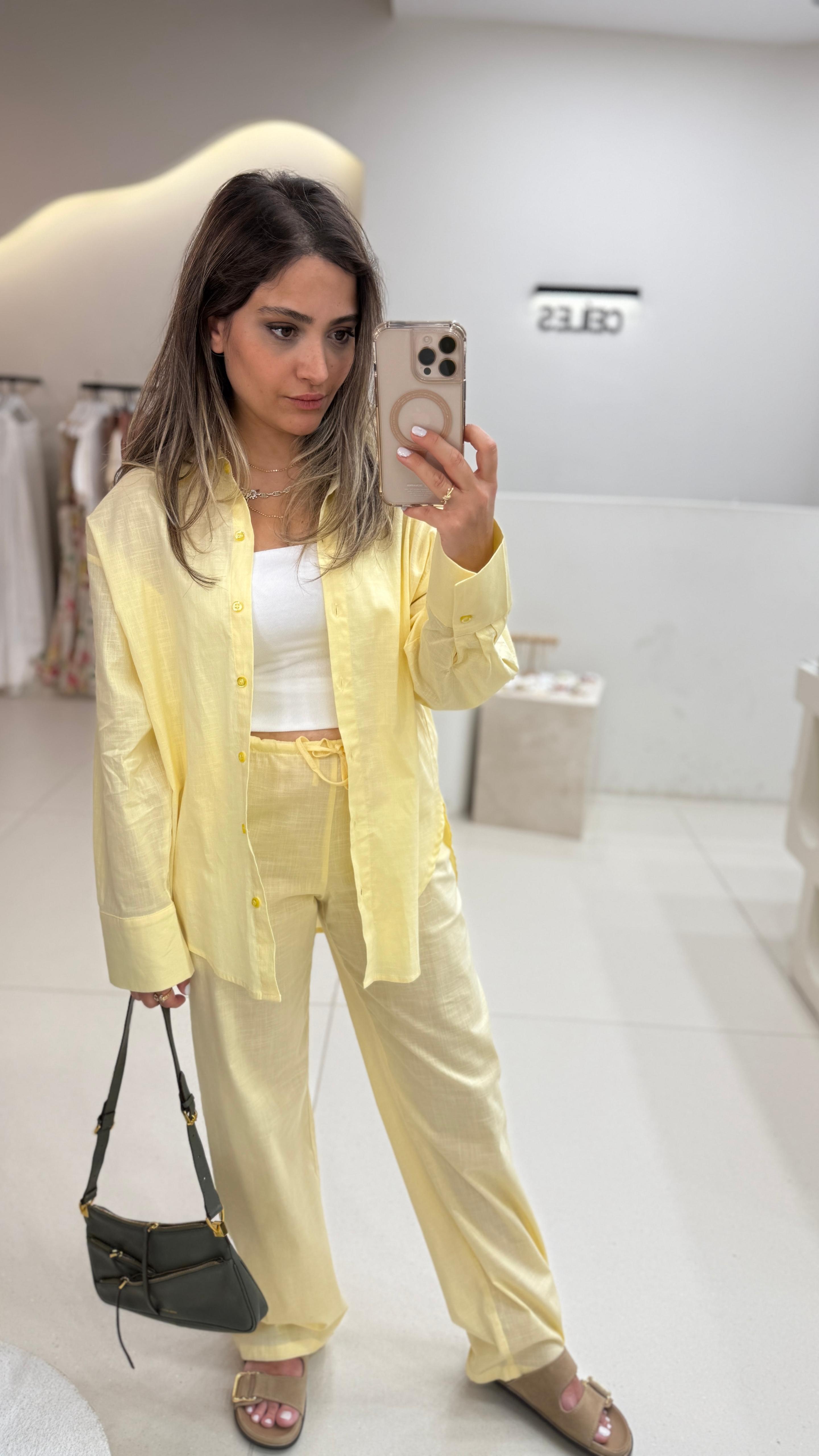 Beli Lastikli Pamuklu Keten Sarı Pantolon