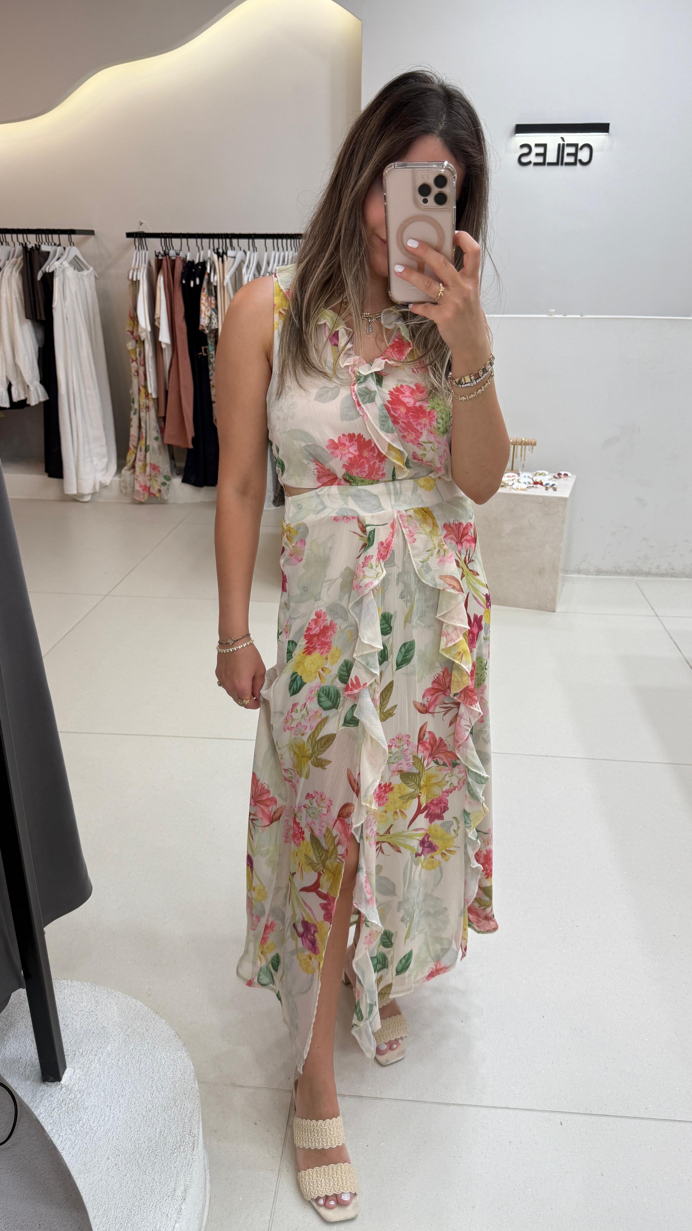 Çiçek Baskılı Fırfır Detaylı Şifon Elbise 