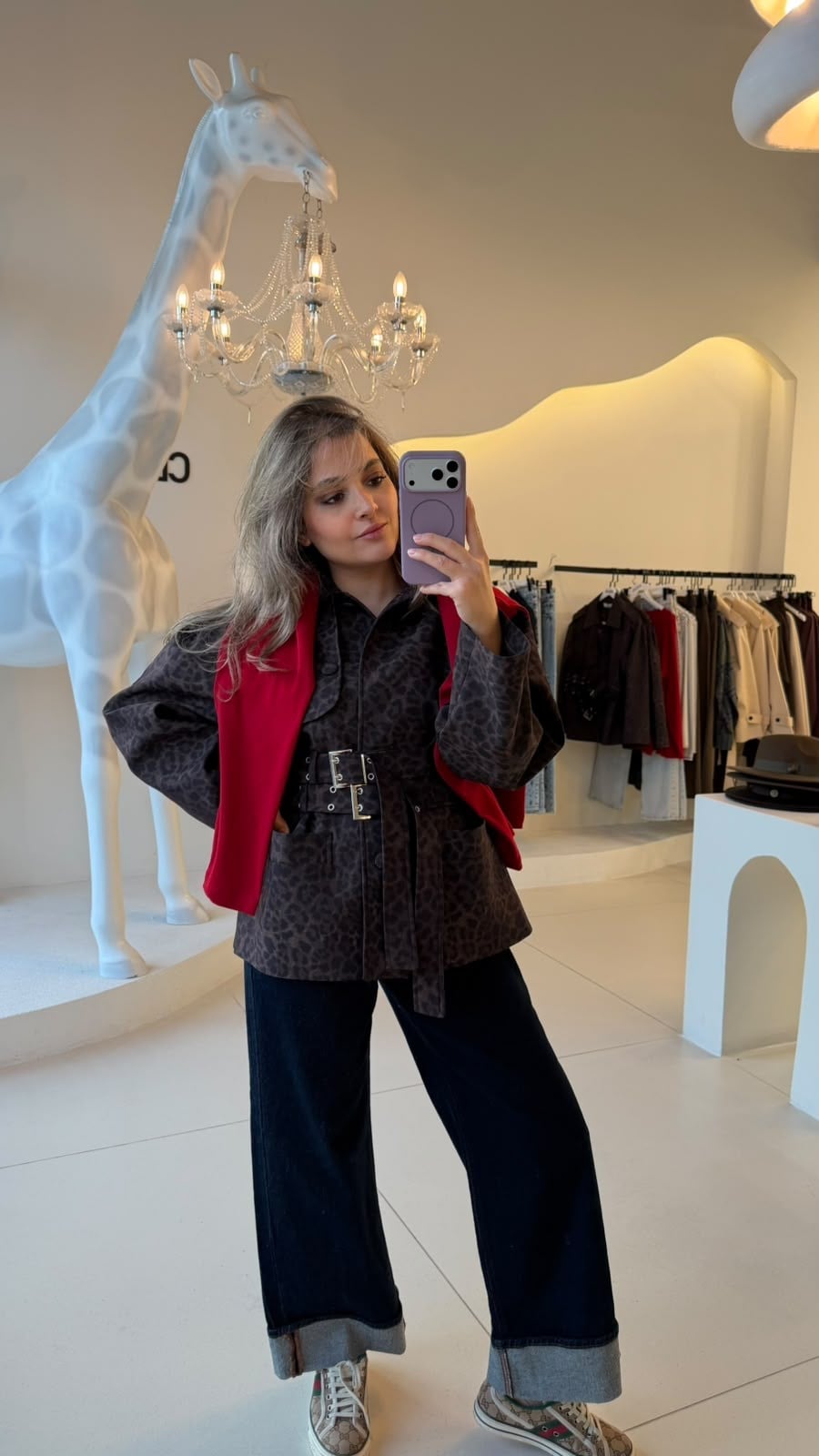 Leopar Desenli Çift Kemerli Ceket