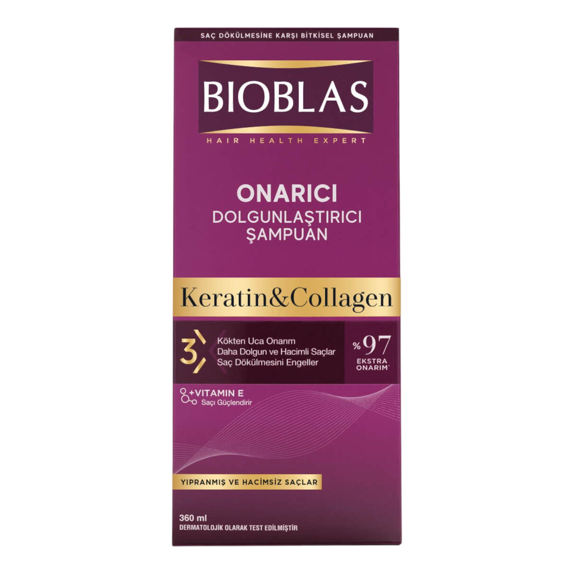BIOBLAS Onarıcı ve Dolgunlaştırıcı Keratin&Collagen Şampuan Yıpranmış ve Hacimsiz Saçlar İçin Saç Dökülmesine Karşı 360 ml