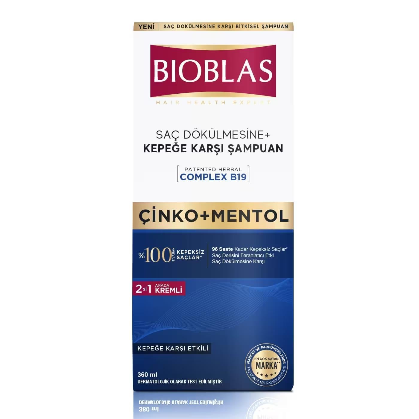BIOBLAS Saç Dökülmesine+Kepeğe Karşı Çinko+Mentol Özlü Şampuan Saç Dökülmesine Karşı Etkili 360 ml