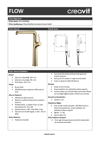 Creavit Flow Mutfak Armatürü Brush Gold