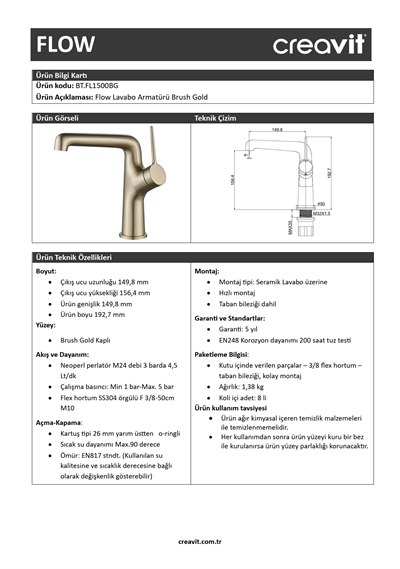 Creavit Flow Lavabo Armatürü Brush Gold