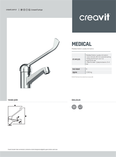 Creavit Medikal Doktor Lavabo Armatürü Krom