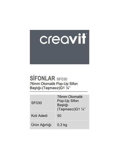 Creavit Basmalı Sifon Üst Takım Krom ( Taşmasız Pop-Up)