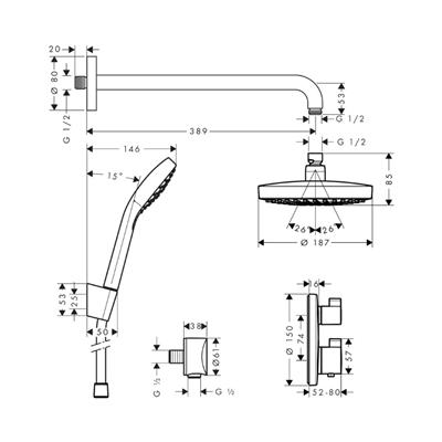 Hansgrohe Croma Select S Duş sistemi ankastre montaj 180 2jet Ecostat S termostat ile Krom