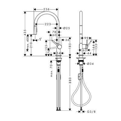 Hansgrohe Talis M54 Tek Kollu Eviye Bataryası 210, Çekilebilir El Duşu, 2jet Satin Siyah