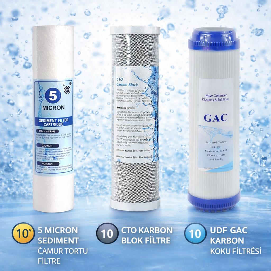 Açık Su Arıtma Cihazı Çift Karbonlu Filtre Seti 3'lü Set 6 Aylık