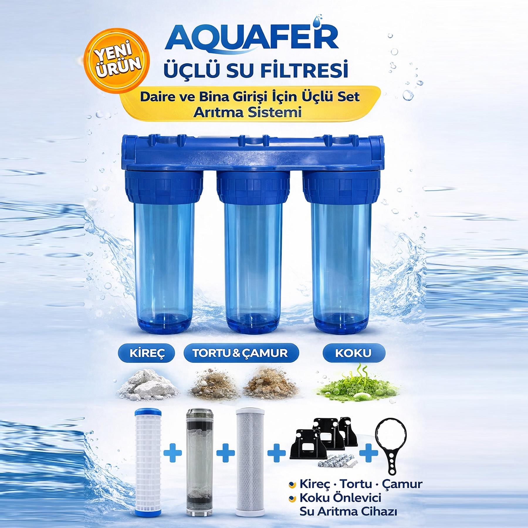 Aquafer Üçlü Su Filtresi Daire Ve Bina Girişi Için Üçlü Set Arıtma Sistemi