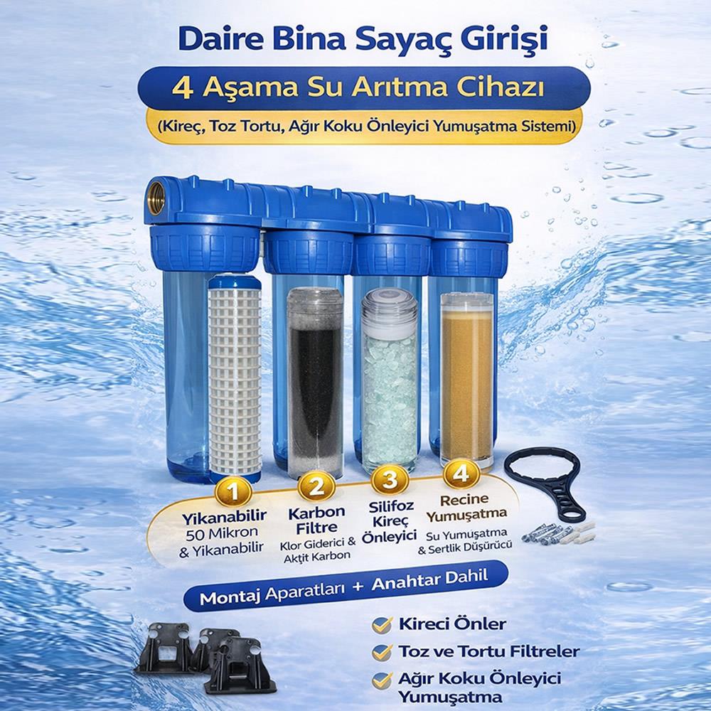 Daire Bina Sayaç Girişi 4 Aşama Su Arıtma Cihazı ( Kireç , Toz Tortu , Ağır Koku Önleyici Yumuşatma Sistemi )