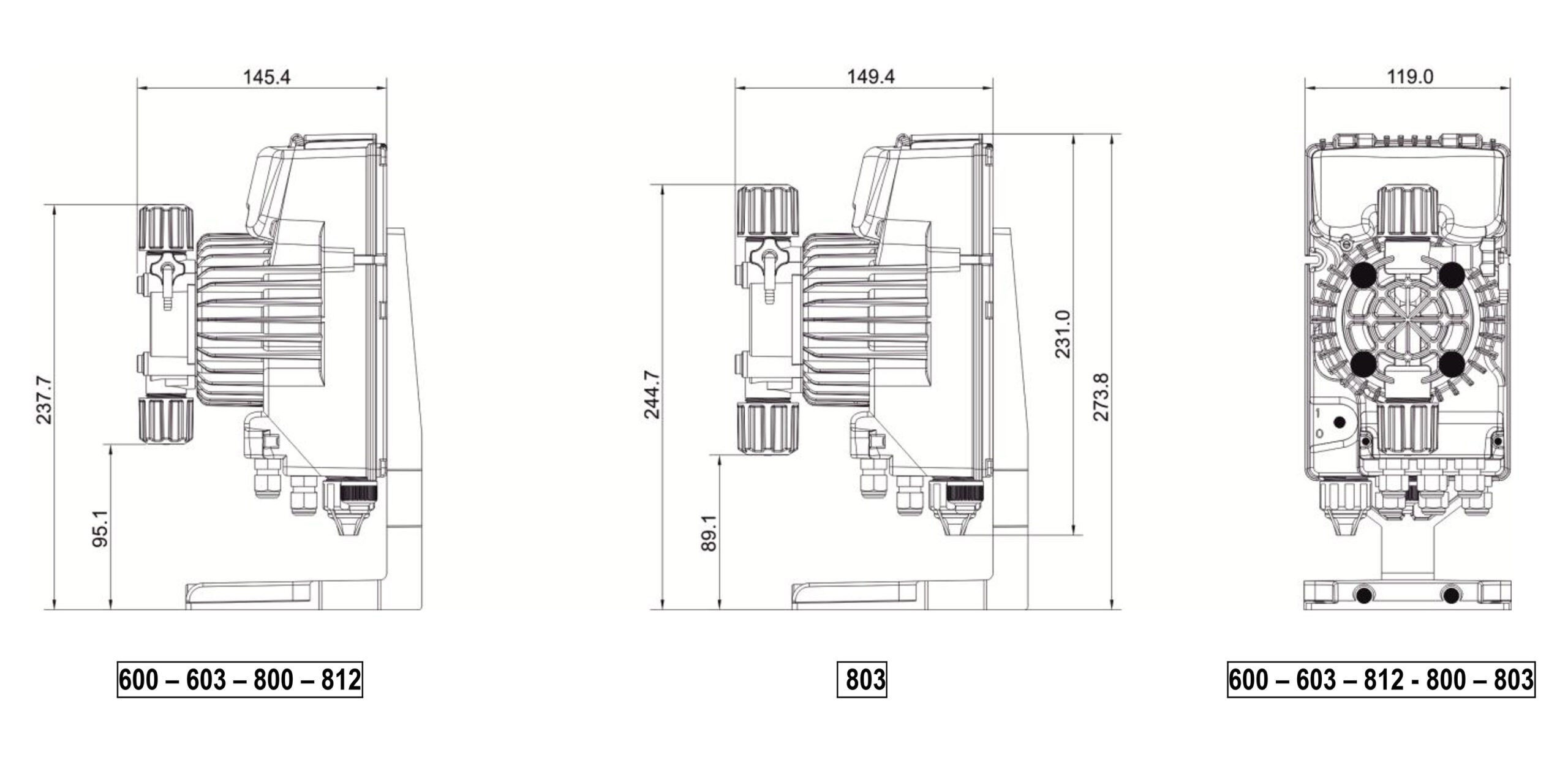 Seko Tekna EVO 603 dozaj pompası yan ve ön görünüş ölçüleri