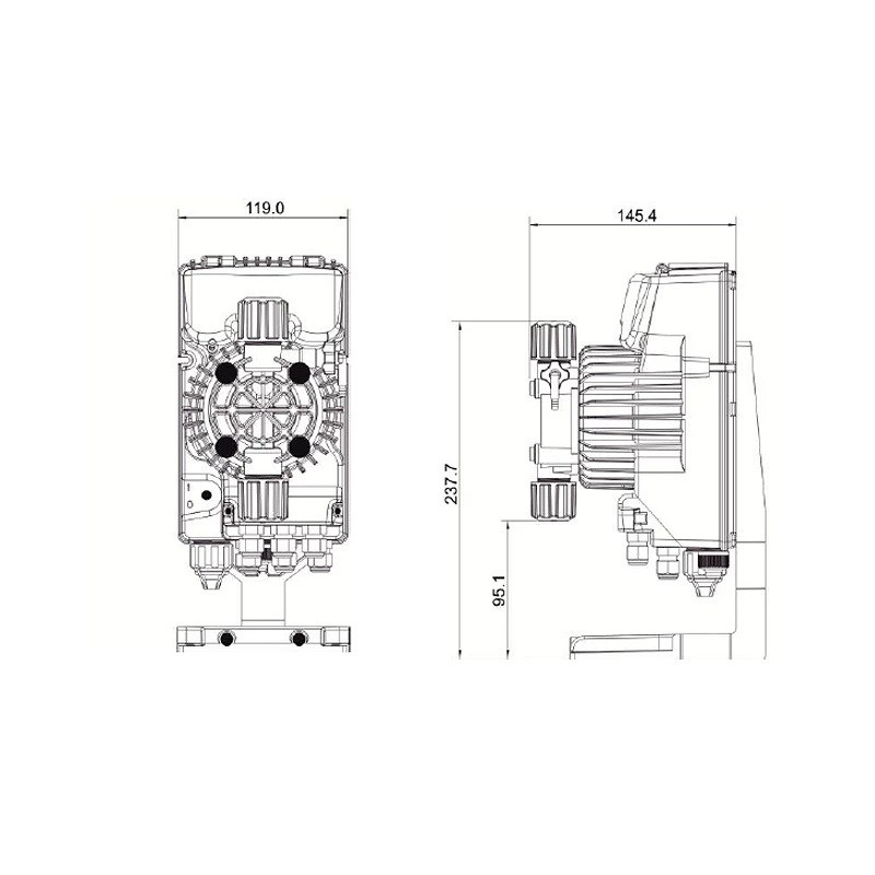 Seko Tekna EVO TPR 603 pH ORP kontrollü dozaj pompası ön ve yan görünüş ölçüleri
