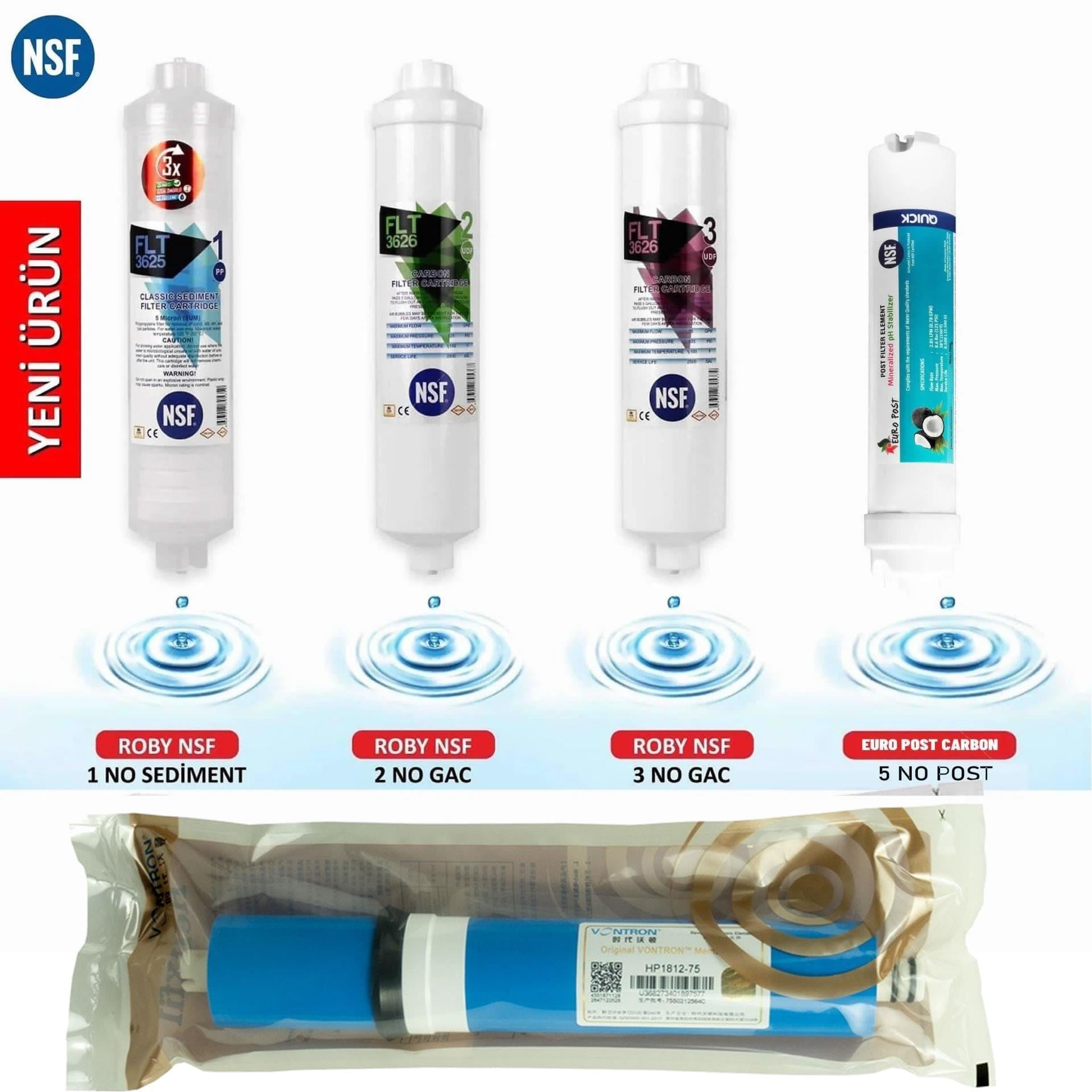 NSF Sertifikalı İnline 5'li Kapalı Kasa Vontron Yüksek Kireç Membranı 75 GPD
