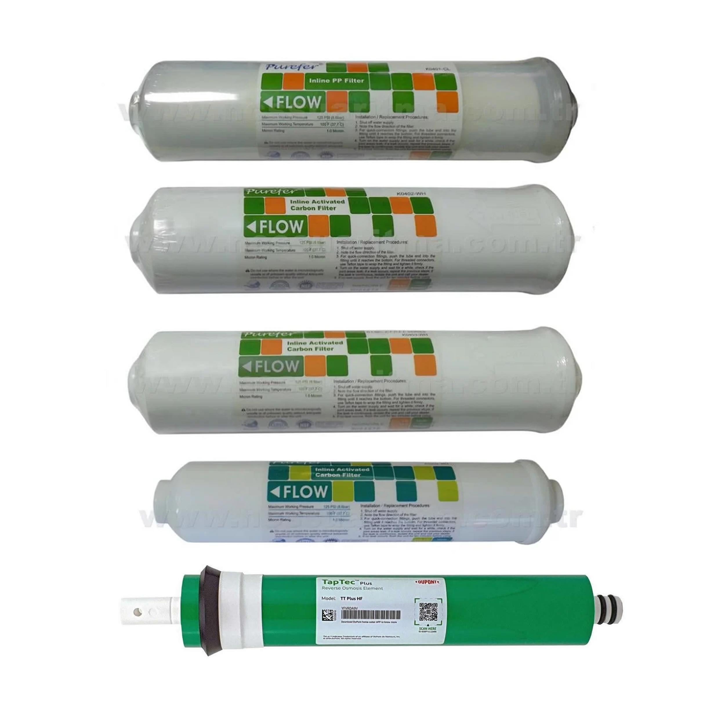Purefer Su Arıtma Filtresi 5'li Dupont Taptech 130 GPD USA Filtre Seti