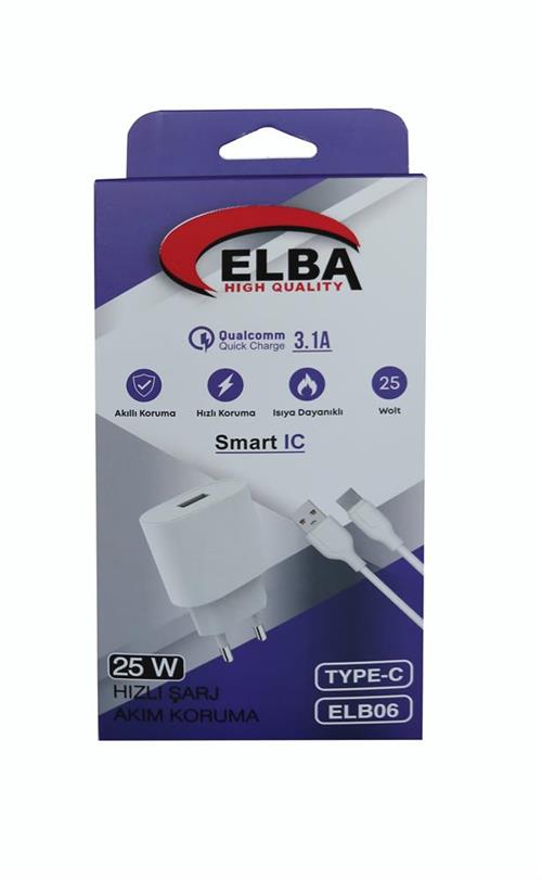 ELBAElba ELB06-USB-25WTypc  Beyaz Usb 25W Şarj Kafa+1Mt Usb Type-c Kablo QC4.0 (Akım Koruma-Hızlı Şarj)8698521899894