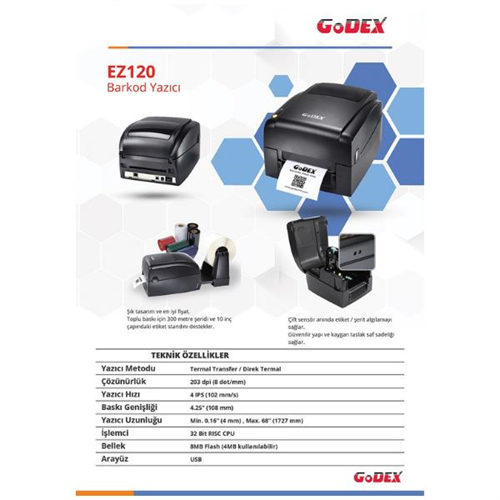 GODEXGodex EZ120 Termal Transfer Masaüstü Barkod Yazıcı 203 dpi 4 IPS USBEZ120 