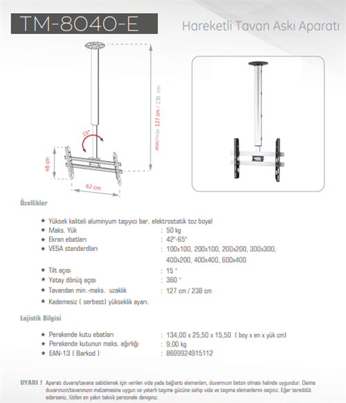UltimateUltimate TM-8040-E TV Tavan Askı Aparatları 50 KgTM-8040-E