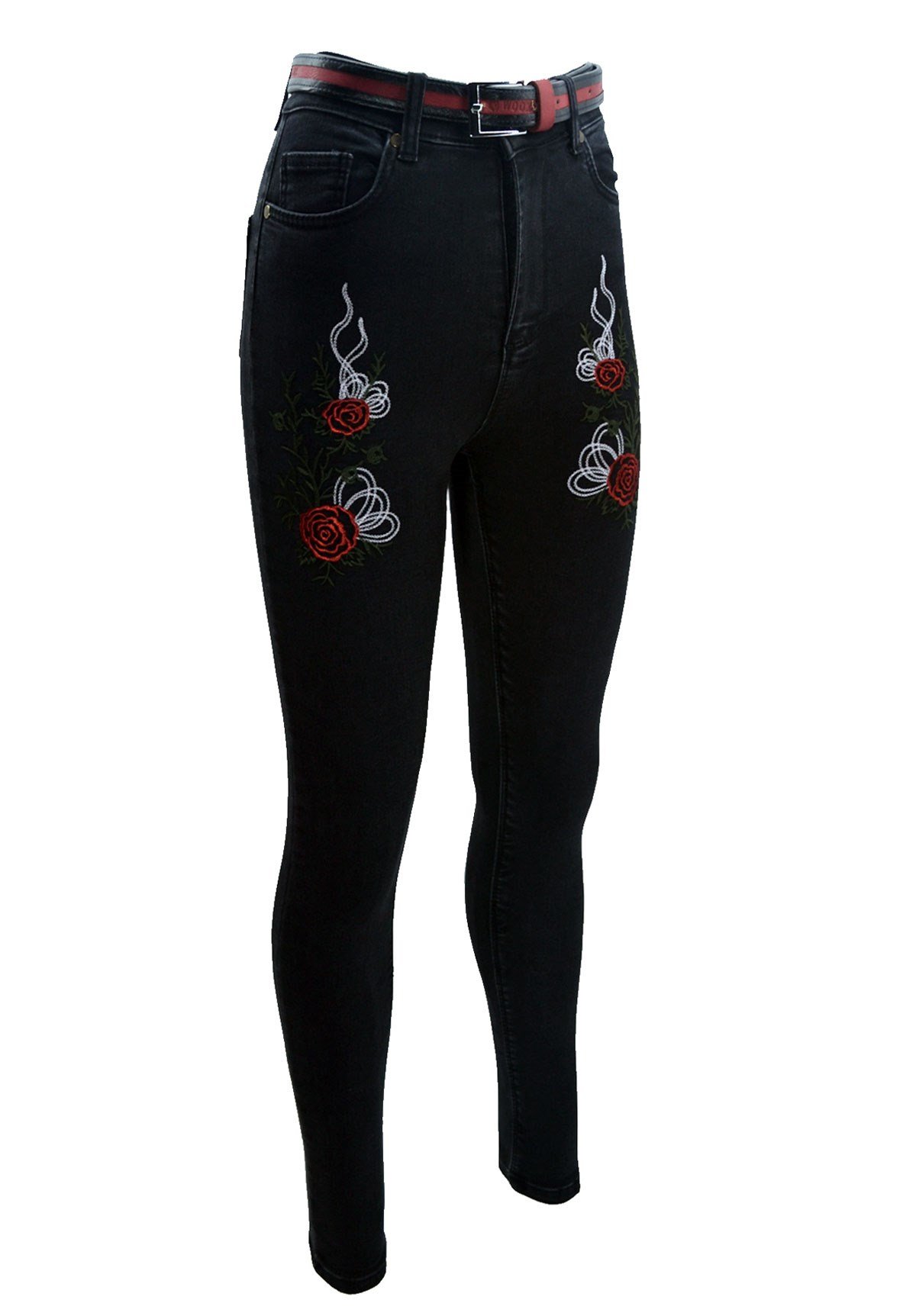 Çiçek Desenli Füme Siyah Bayan Kot Pantolon