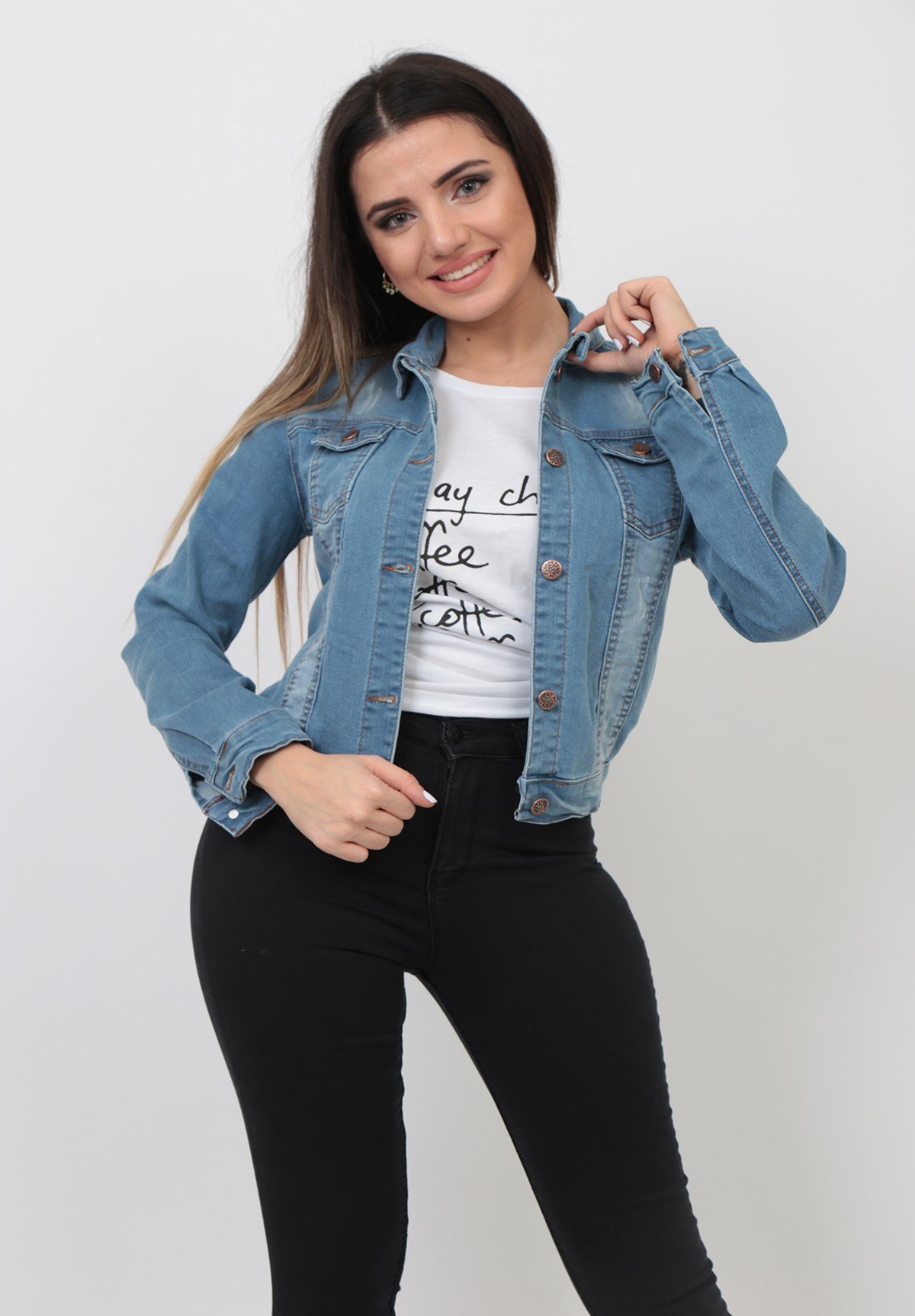 Açık Mavi Renk Bayan Kot Ceket