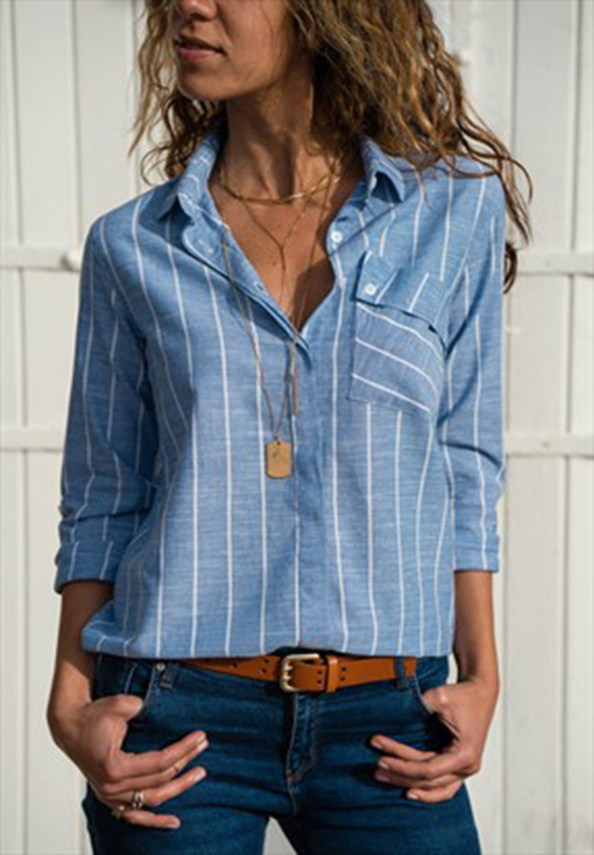 Bayan Çizgili Tek Cep Çizgili Gömlek 