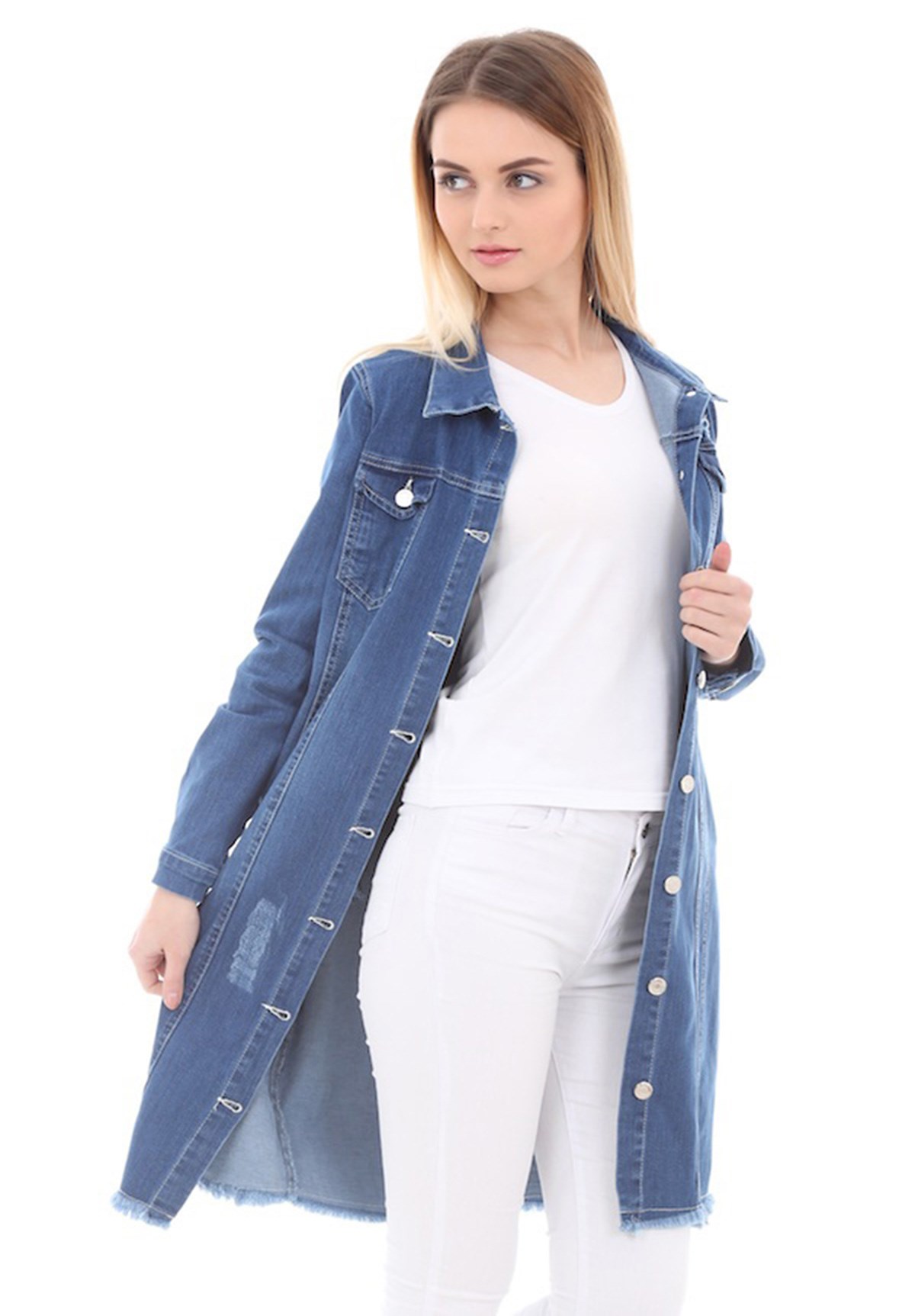 Eteği Püskül Detaylı Koyu Mavi Kot Tunik