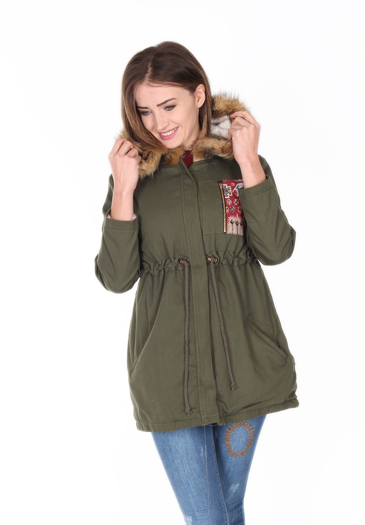 Etnik Motifli Haki Renk Bayan Mont