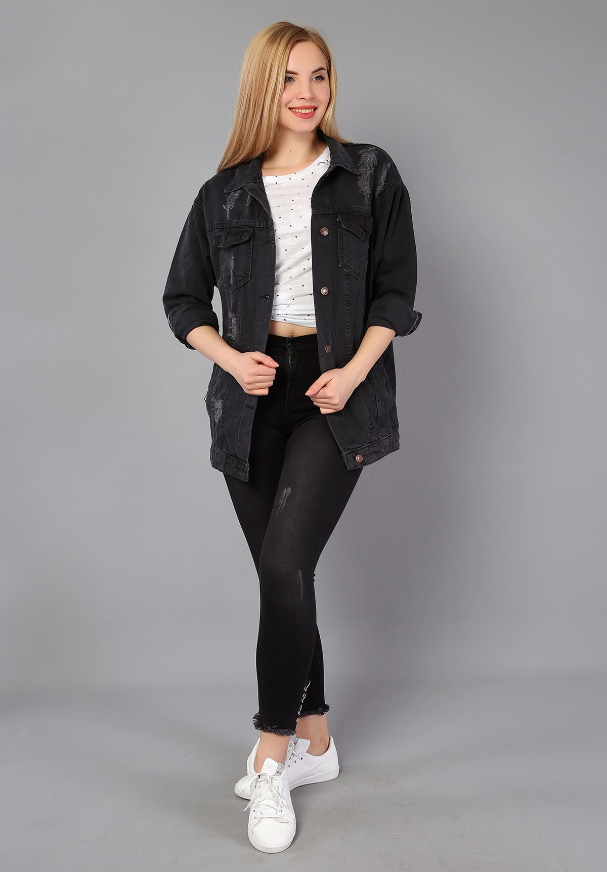Yırtıklı Boy Friend Siyah Bayan Kot Ceket