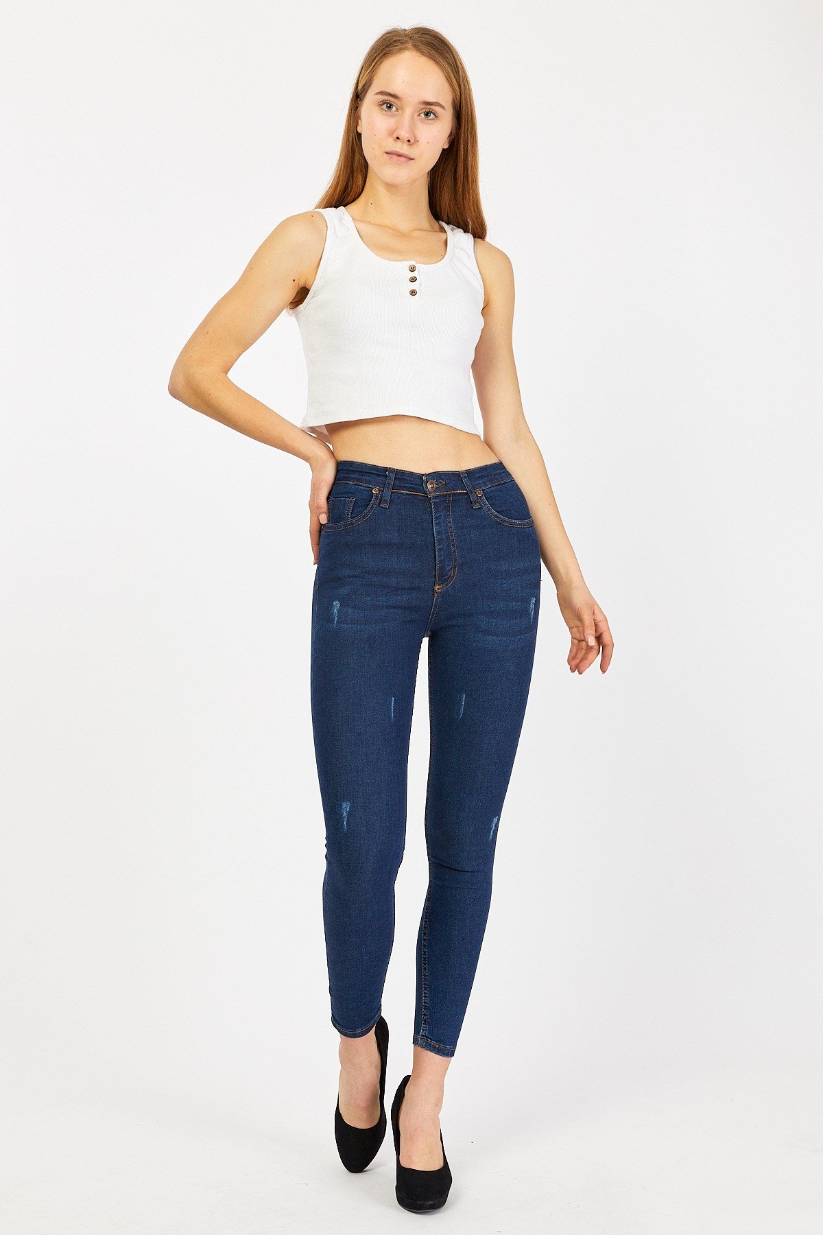  Mavi Yüksek Bel Bayan Pantolon