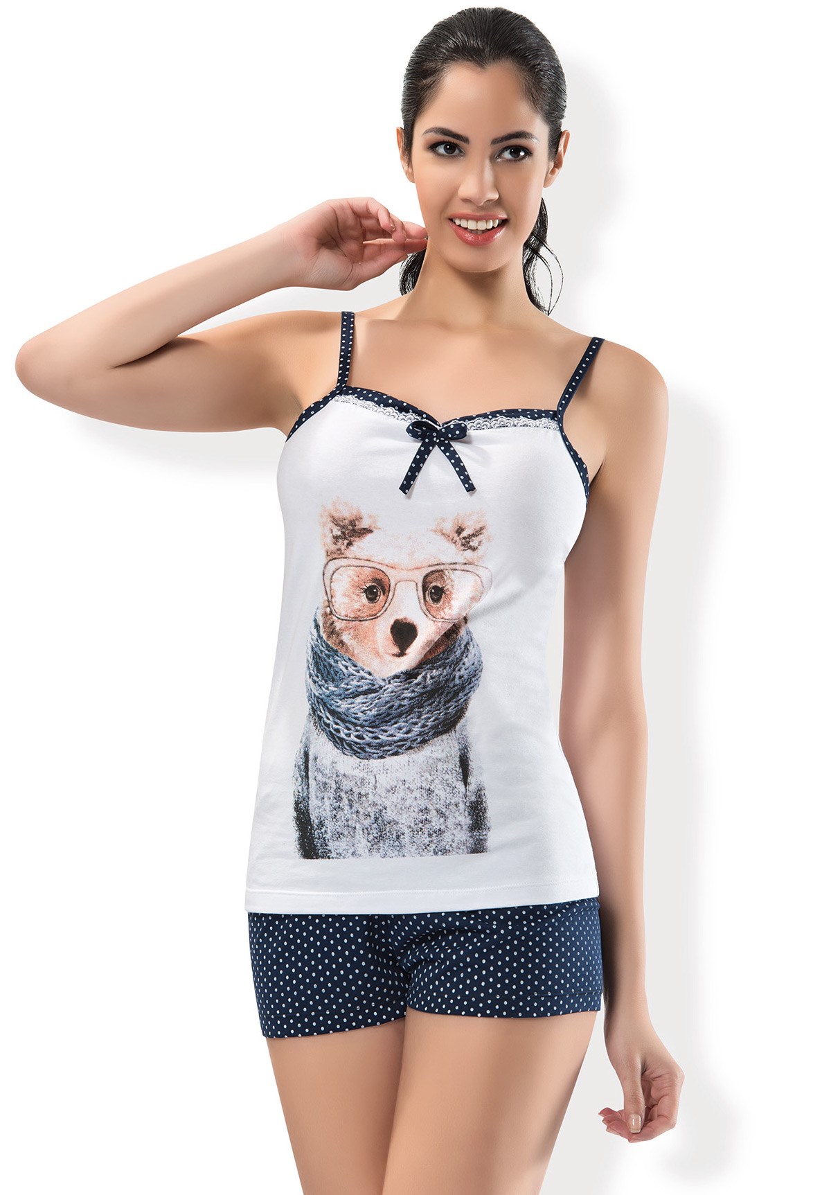 Askılı Lacivert Desenli Şort Takımı