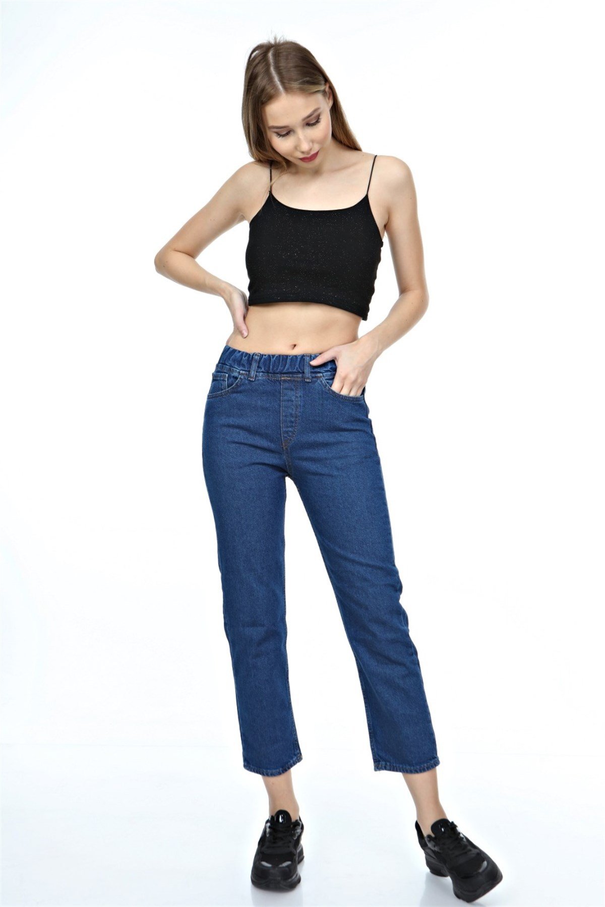 Beli lastikli Bayan mom pantolon 02302965