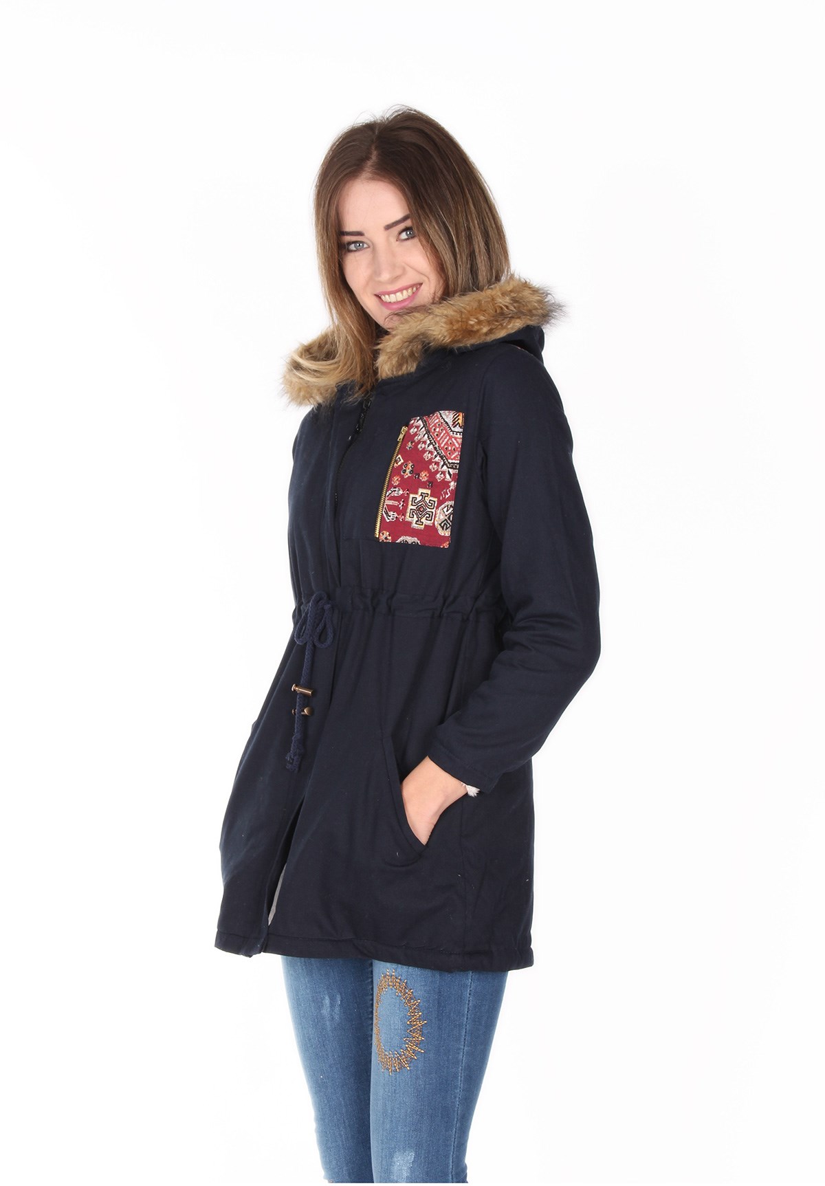 Etnik Motifli Lacivert Renk Bayan Mont