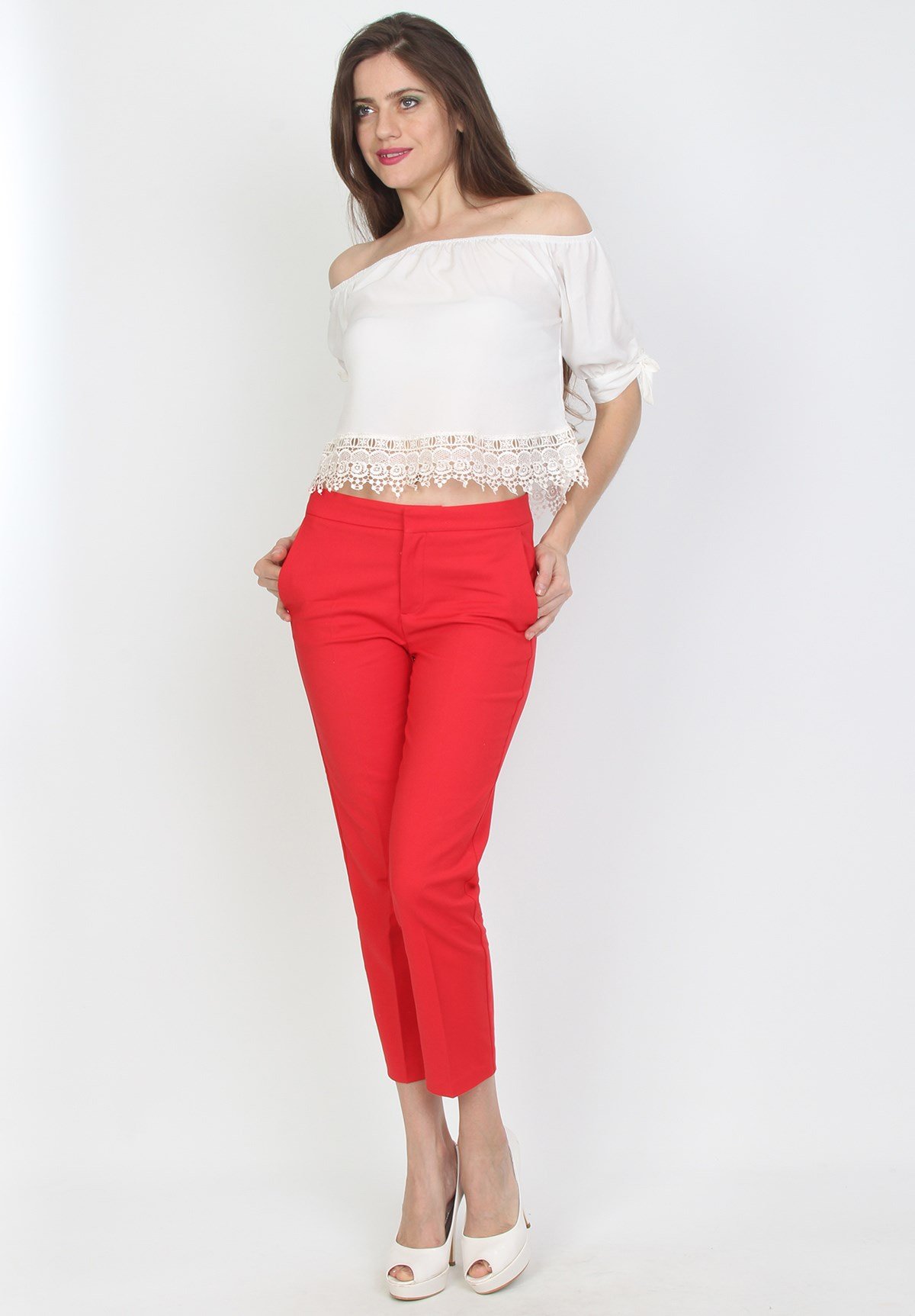 Kırmızı Bilek Boy Bayan Kumaş Pantolon - DKBB0005