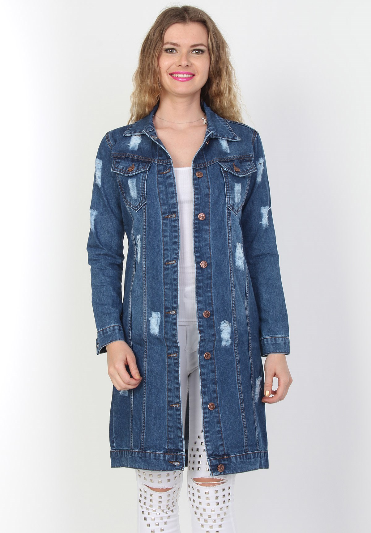 Yırtıklı Moda Bayan Kot Tunik Ceket