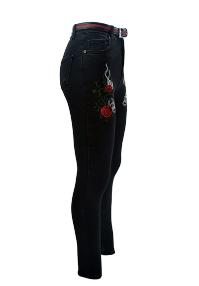 Çiçek Desenli Füme Siyah Bayan Kot Pantolon
