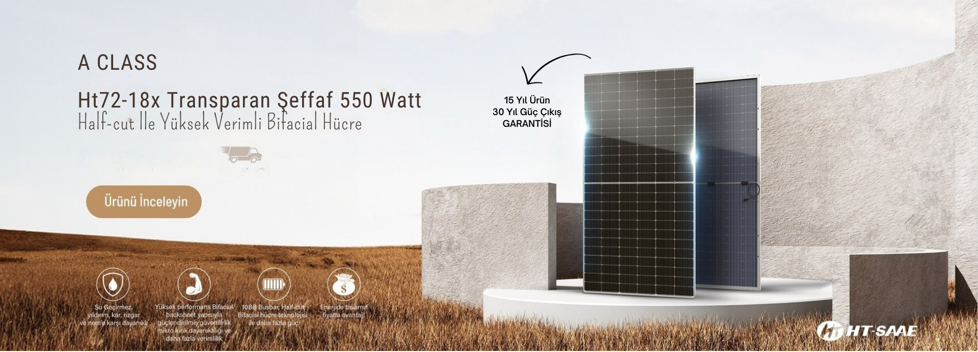 HT-SAAE Ht72-18x Transparan Şeffaf 550 Watt Güneş Enerji Paneli