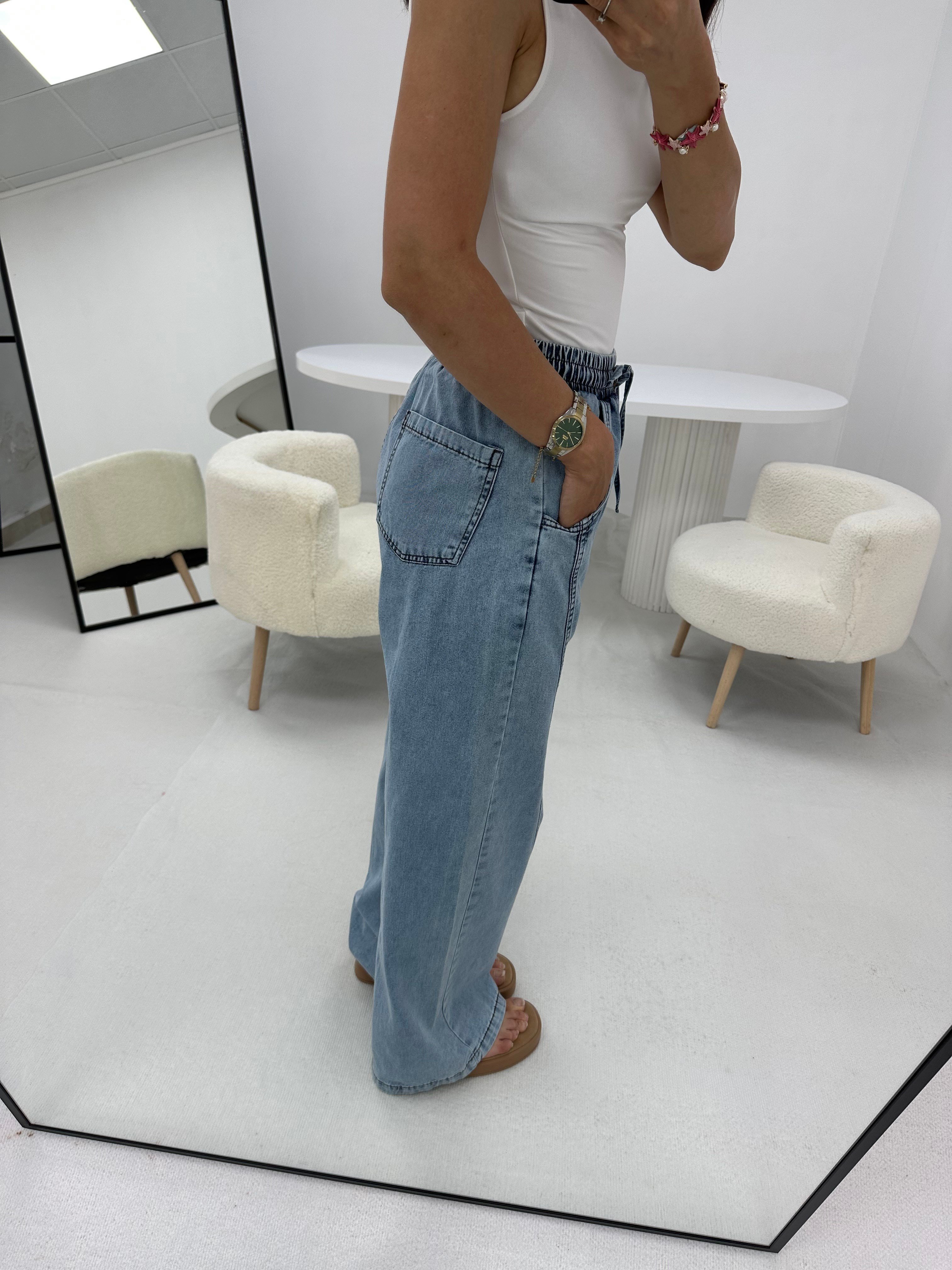 Bağcıklı Mavi Denim Pantolon 