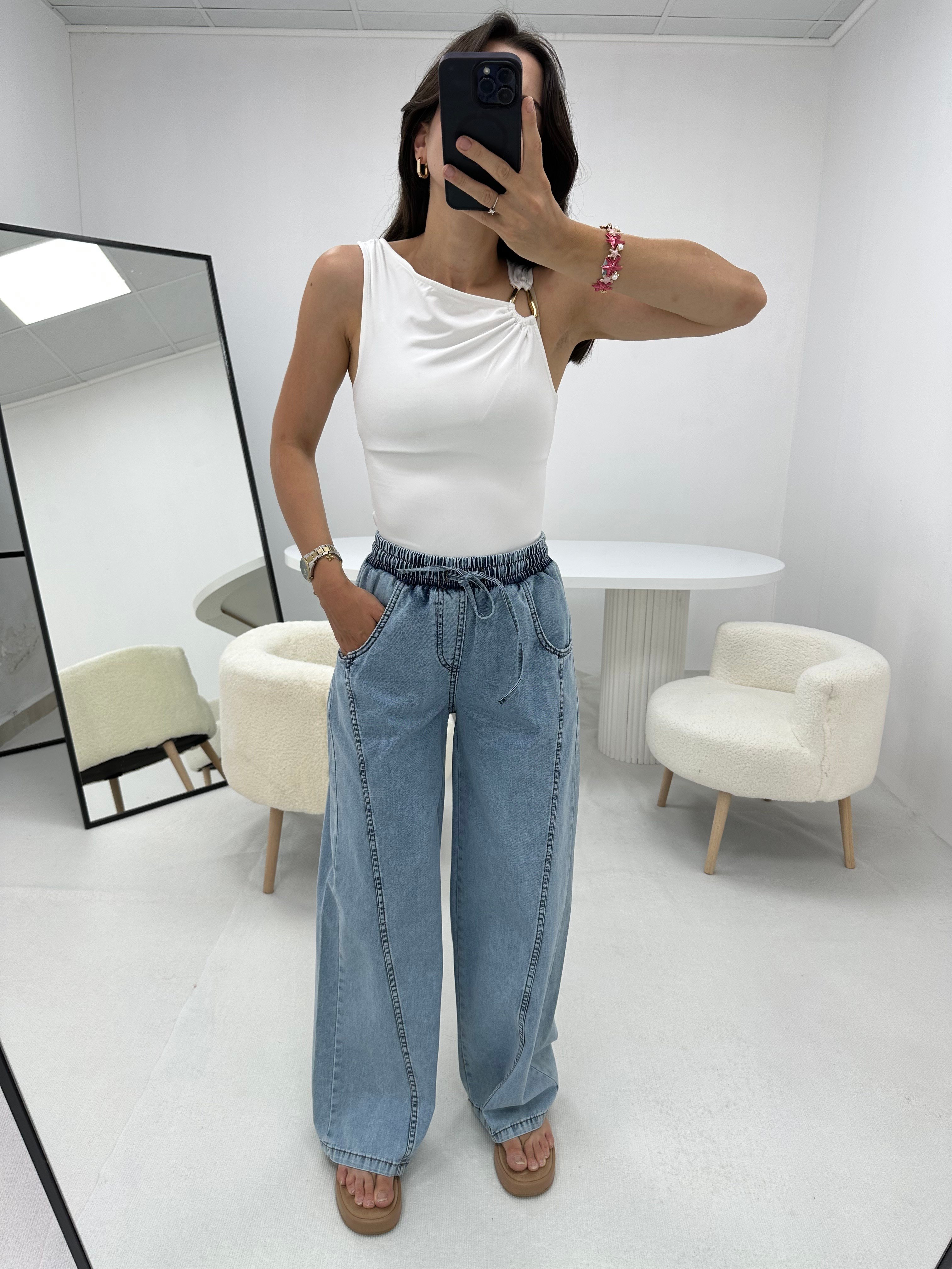 Bağcıklı Mavi Denim Pantolon 