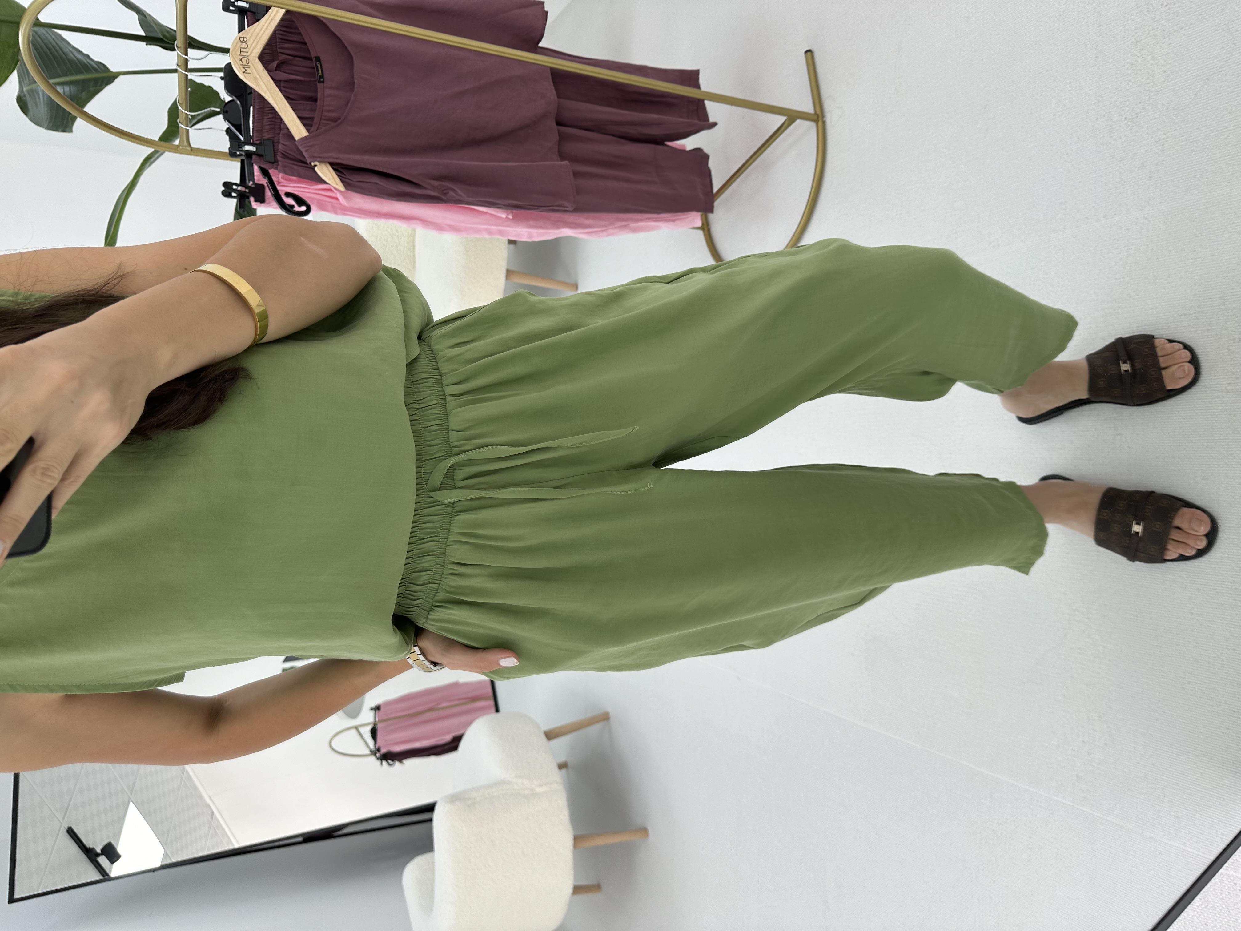 Beli Bağlamalı Haki  Bluz Pantolon Takım