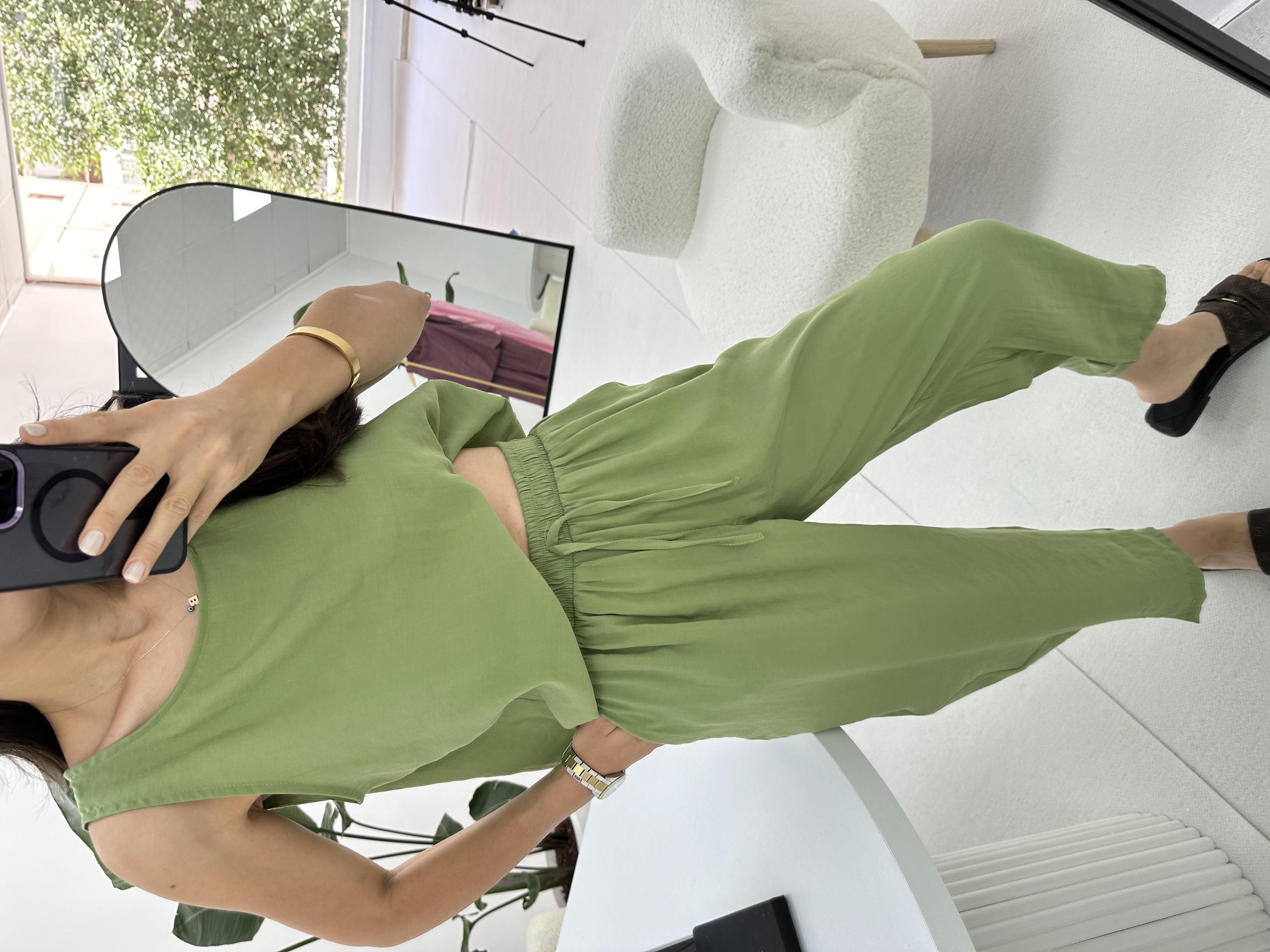 Beli Bağlamalı Haki  Bluz Pantolon Takım