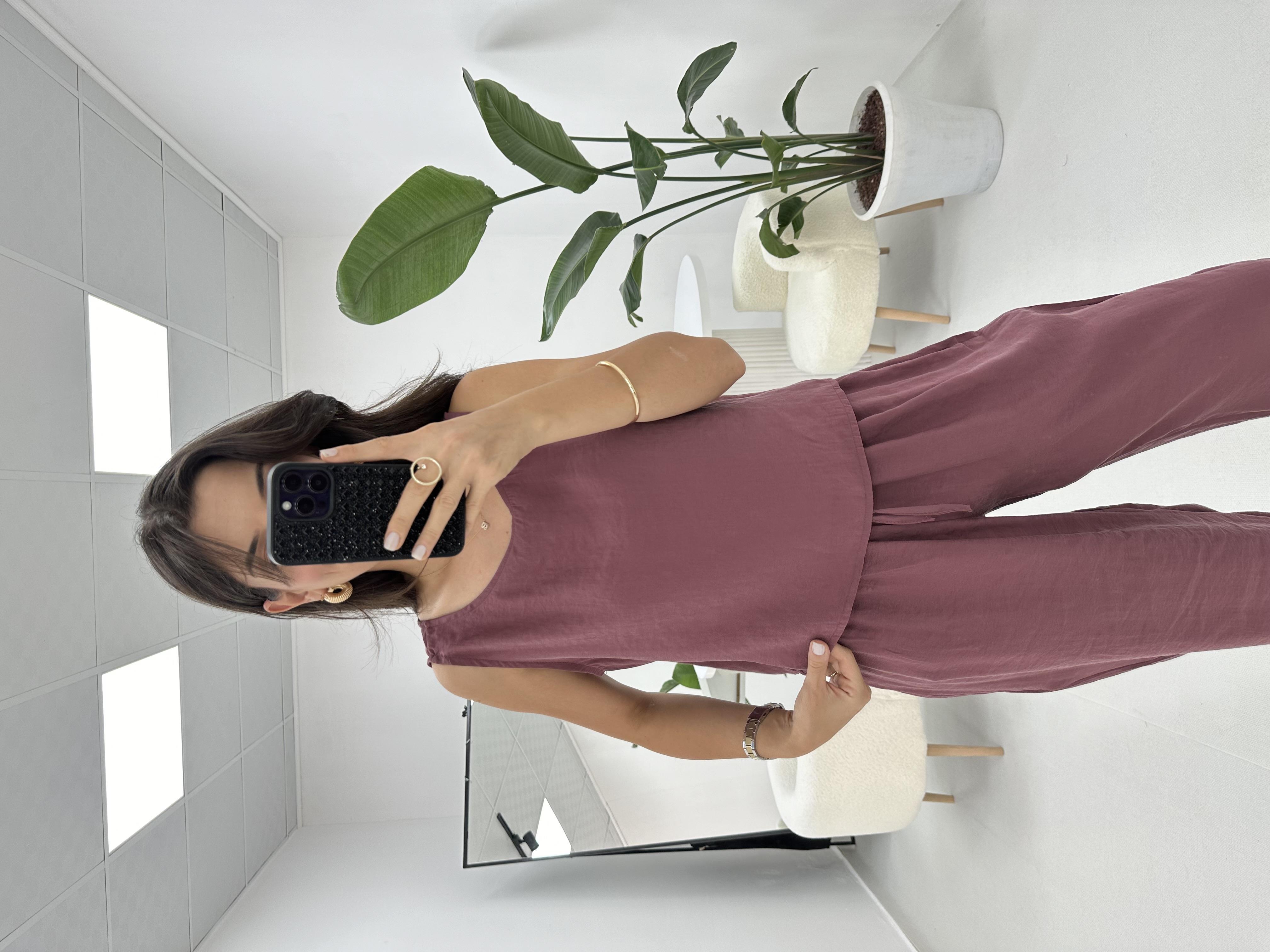 Beli Bağlamalı Mürdüm Bluz Pantolon Takım