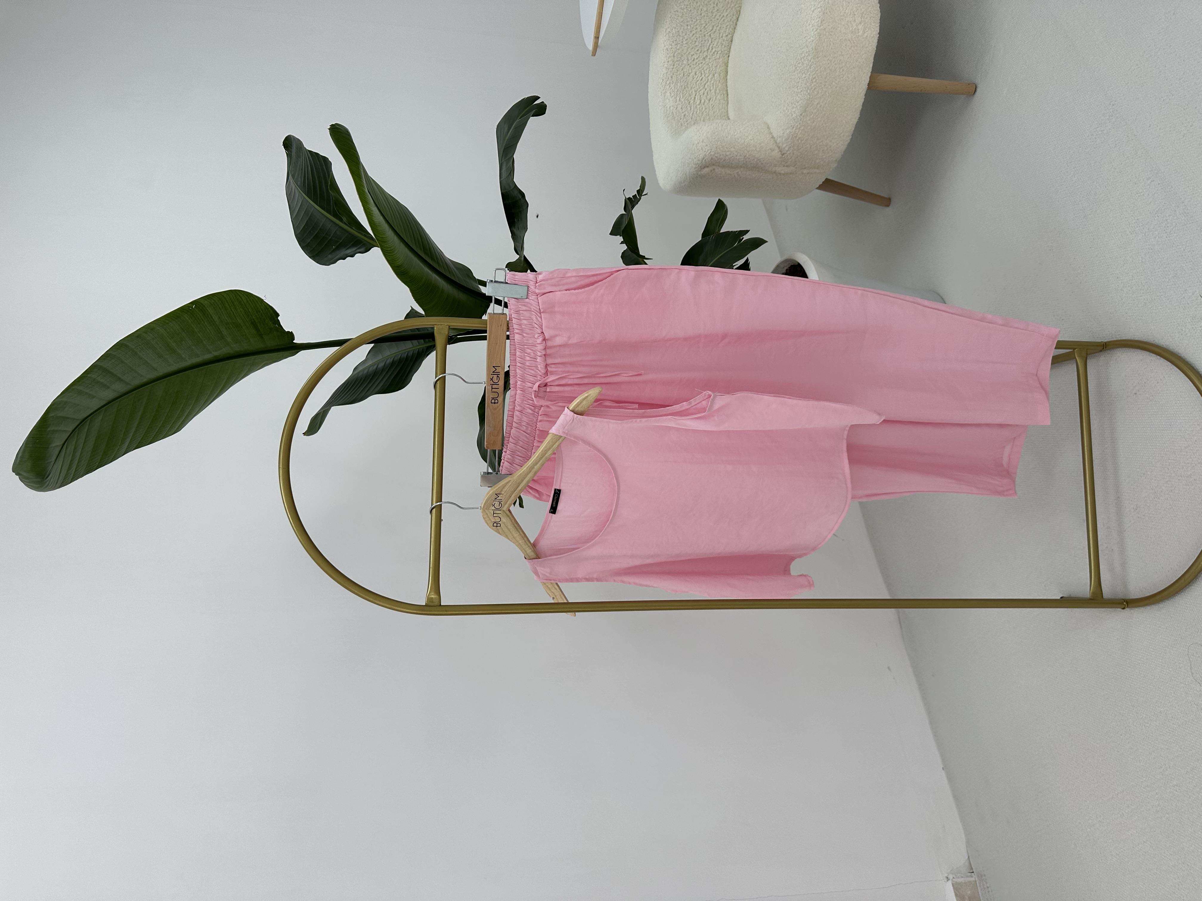 Beli Bağlamalı Pembe Bluz Pantolon Takım