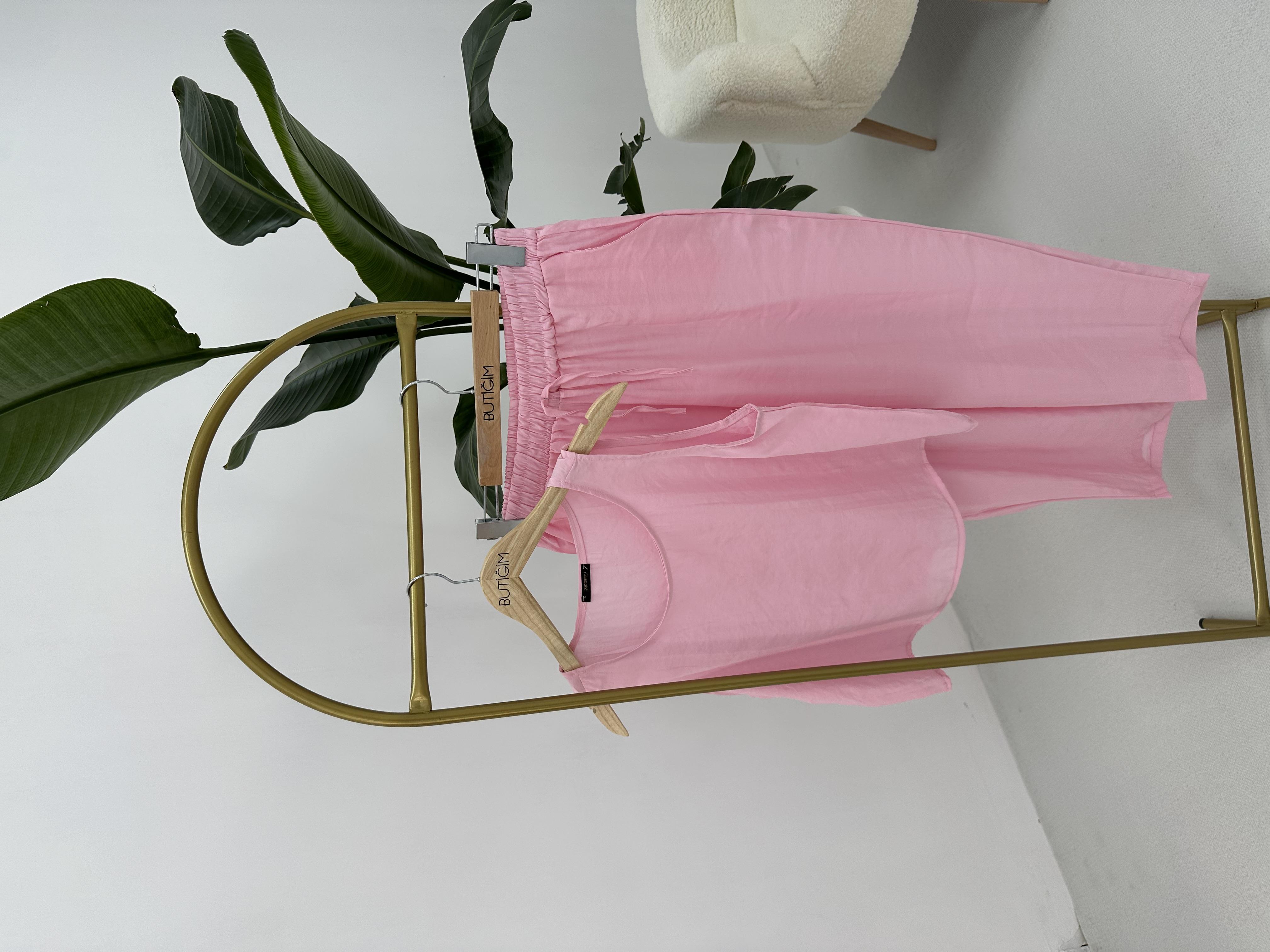 Beli Bağlamalı Pembe Bluz Pantolon Takım