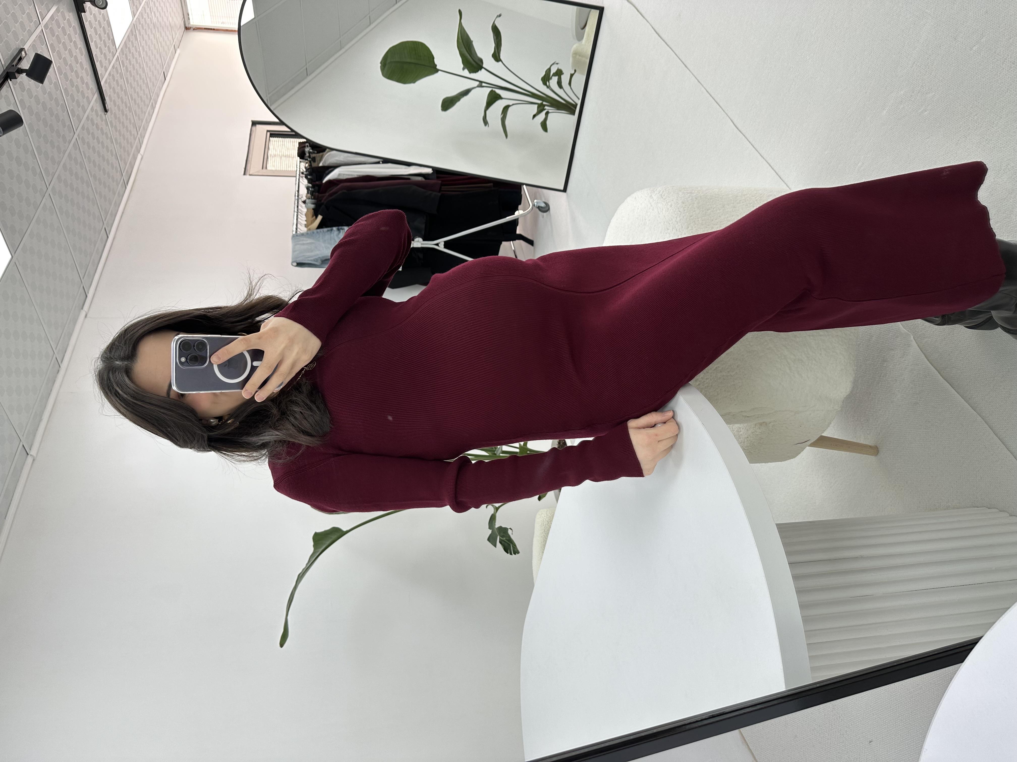 Bisiklet Yaka Triko Bordo Uzun Elbise