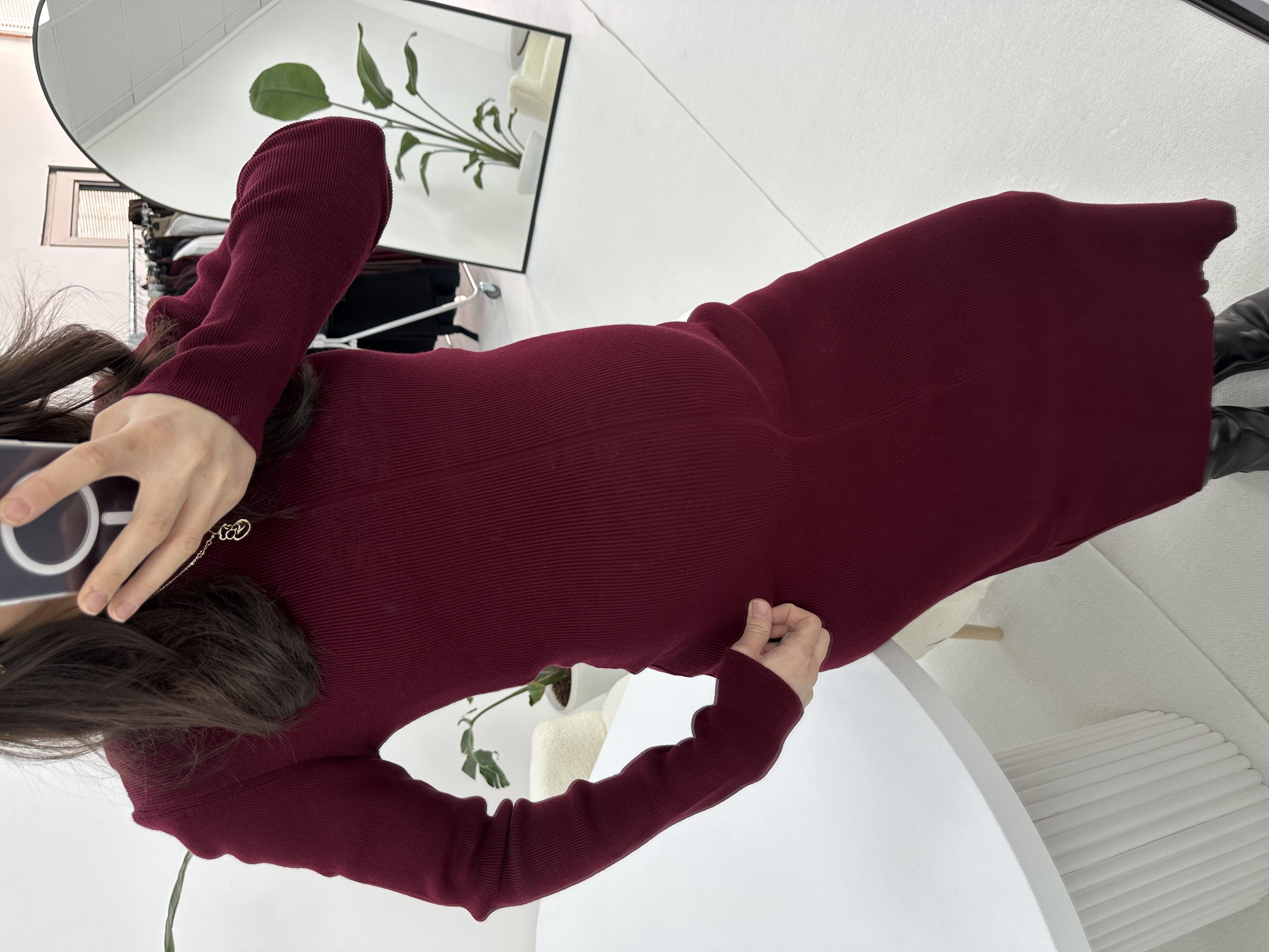 Bisiklet Yaka Triko Bordo Uzun Elbise