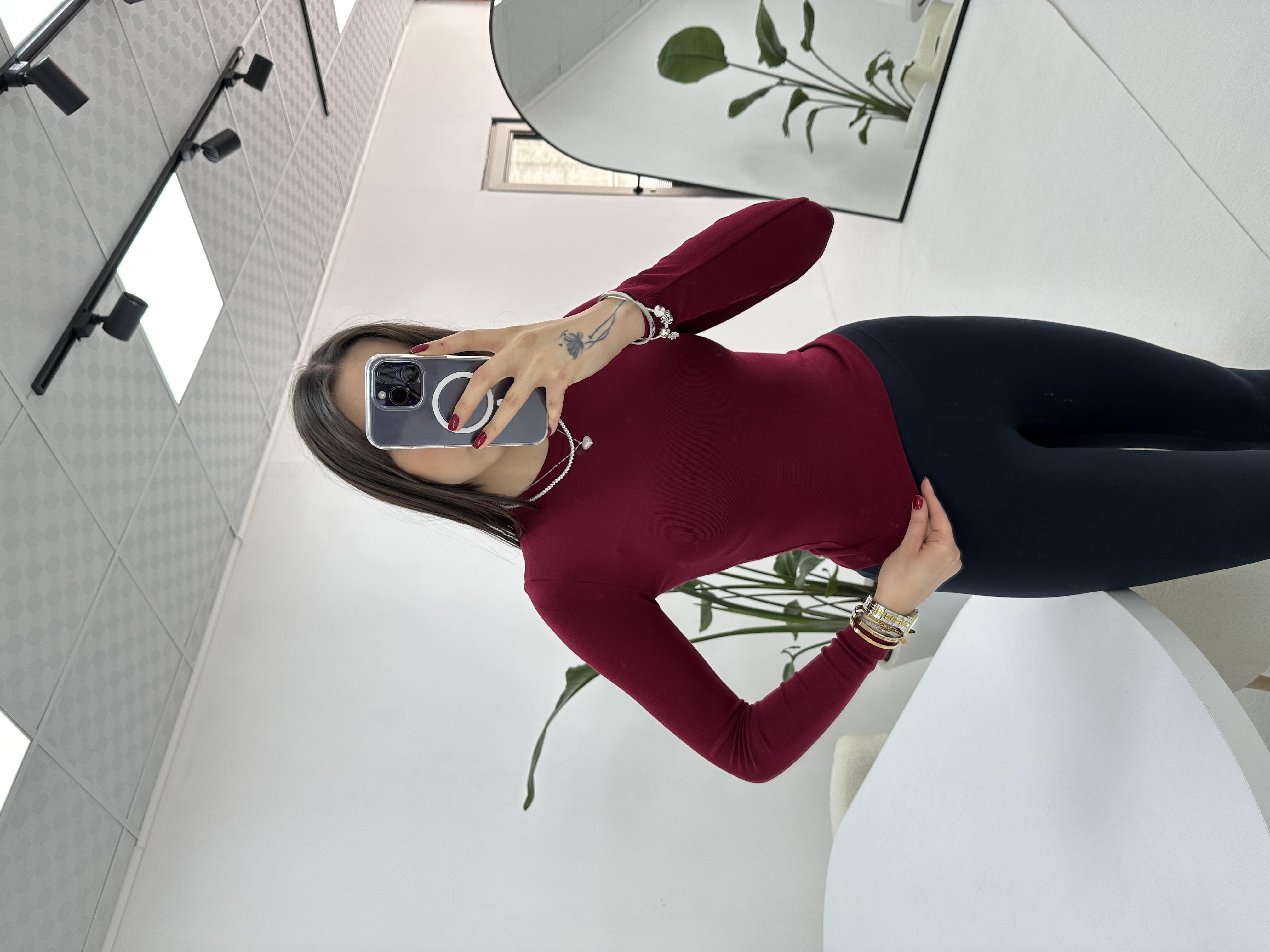 Bisiklet Yaka Uzun Kol Bordo Bluz
